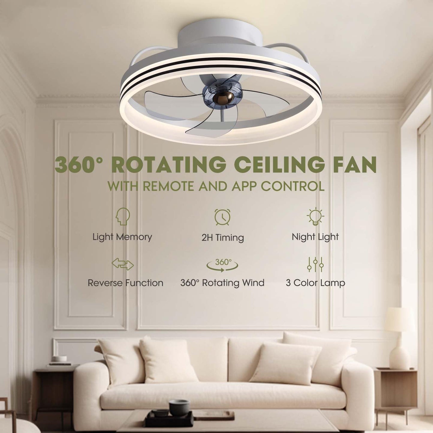 Flush Mount Ceiling Fan with Lights and Remote 20" (Black)