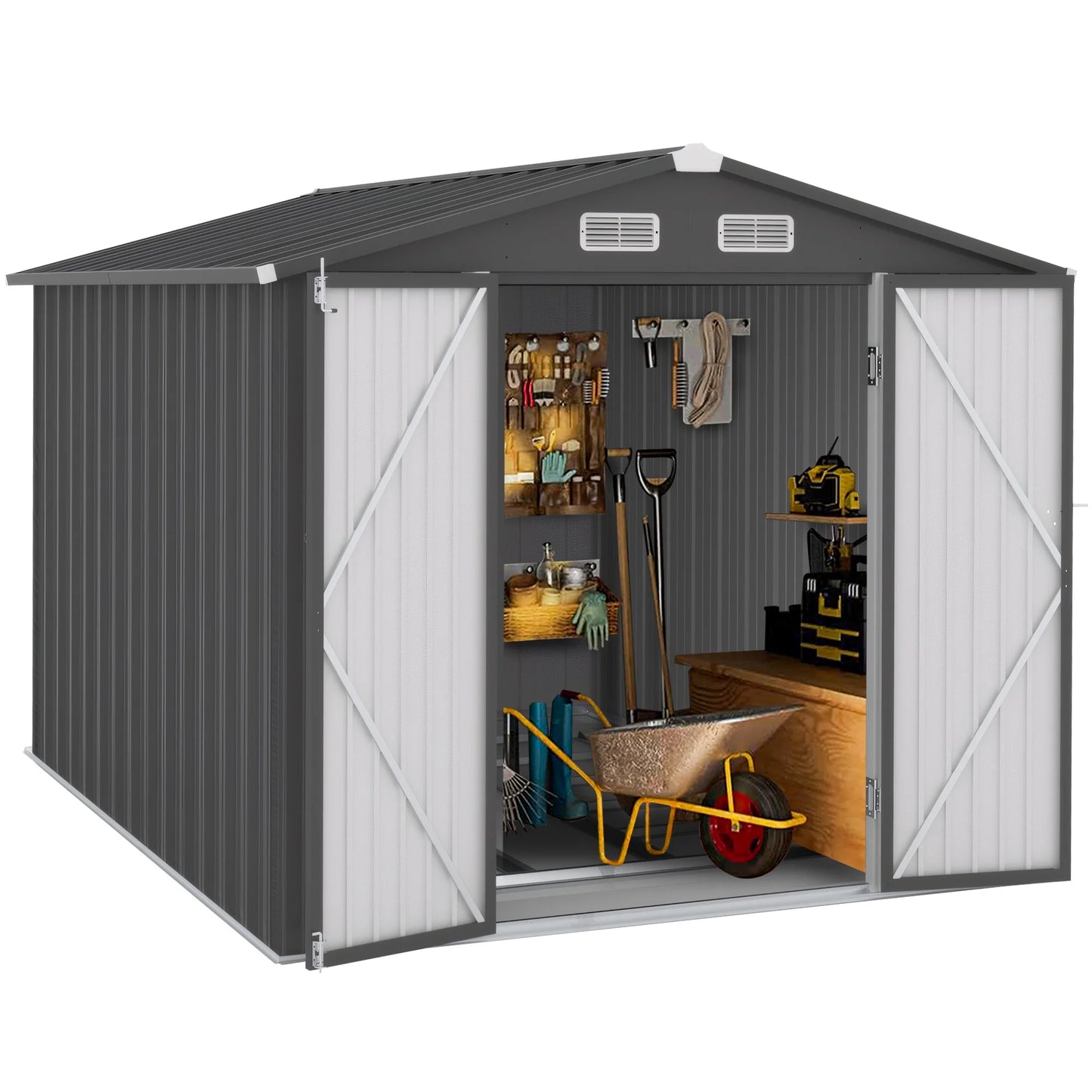 10' X 8' Outdoor Metal Storage Shed, Tools Storage Shed, Galvanized Steel Garden Shed with Lockable Doors, Outdoor Storage Shed for Backyard, Patio, Lawn, D7811