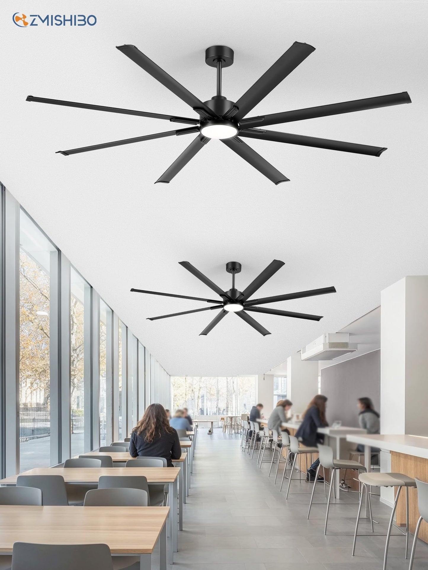 84" Industrial Ceiling Fans with Lights, Large Ceiling Fan with 3CCT, 8 Reverisble Aluminum Blades, Quiet DC Motor, 6-Speed Remote, Indoor/Outdoor Ceiling Fans for Patios/Garage/Porch, Black