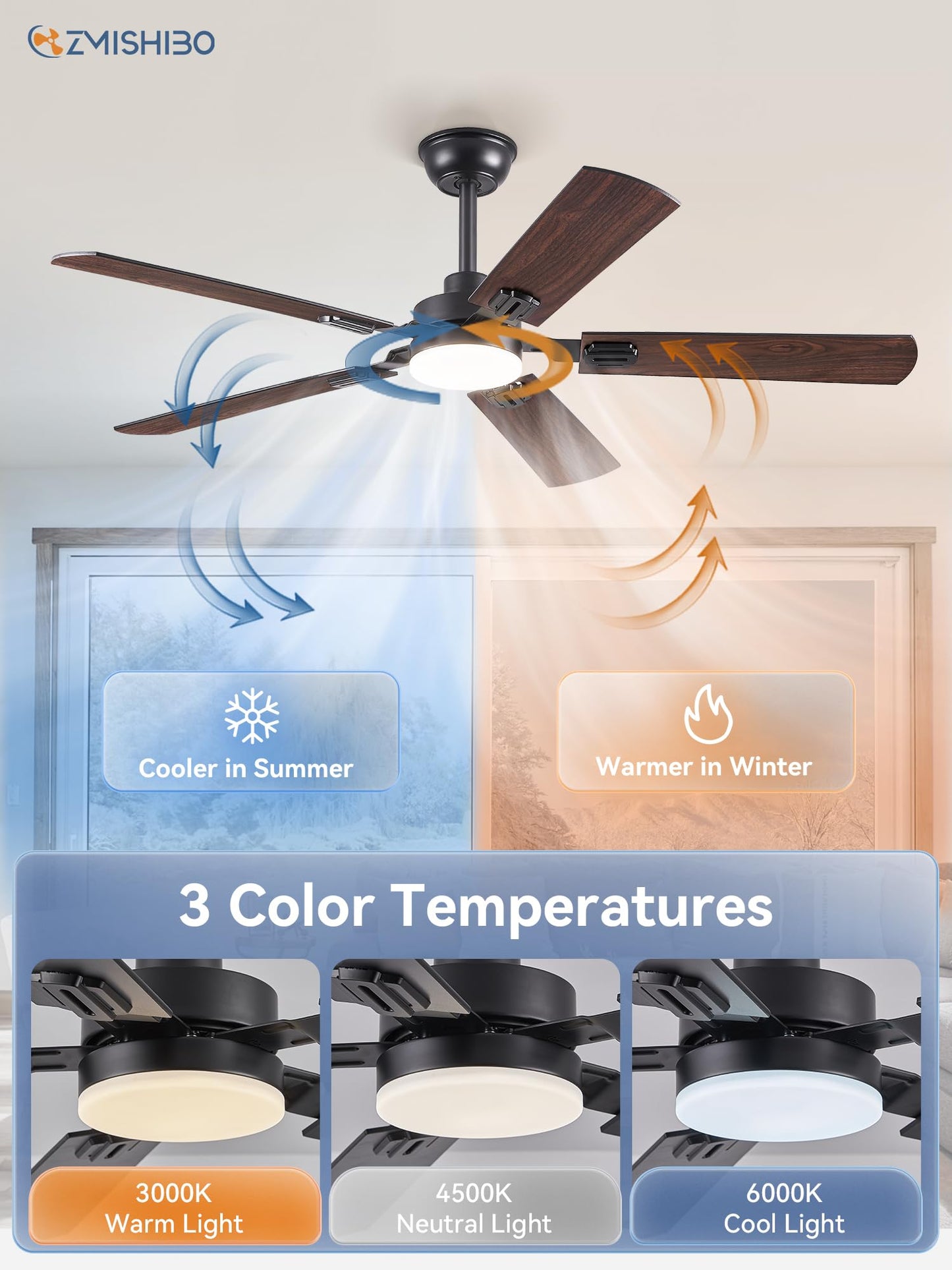 52" Ceiling Fans with Lights, Black Modern Ceiling Fan with Remote, Farmhouse Indoor Ceiling Fan with Dual Finish Blades, Quiet & Strong Motor, Bright LED Light.