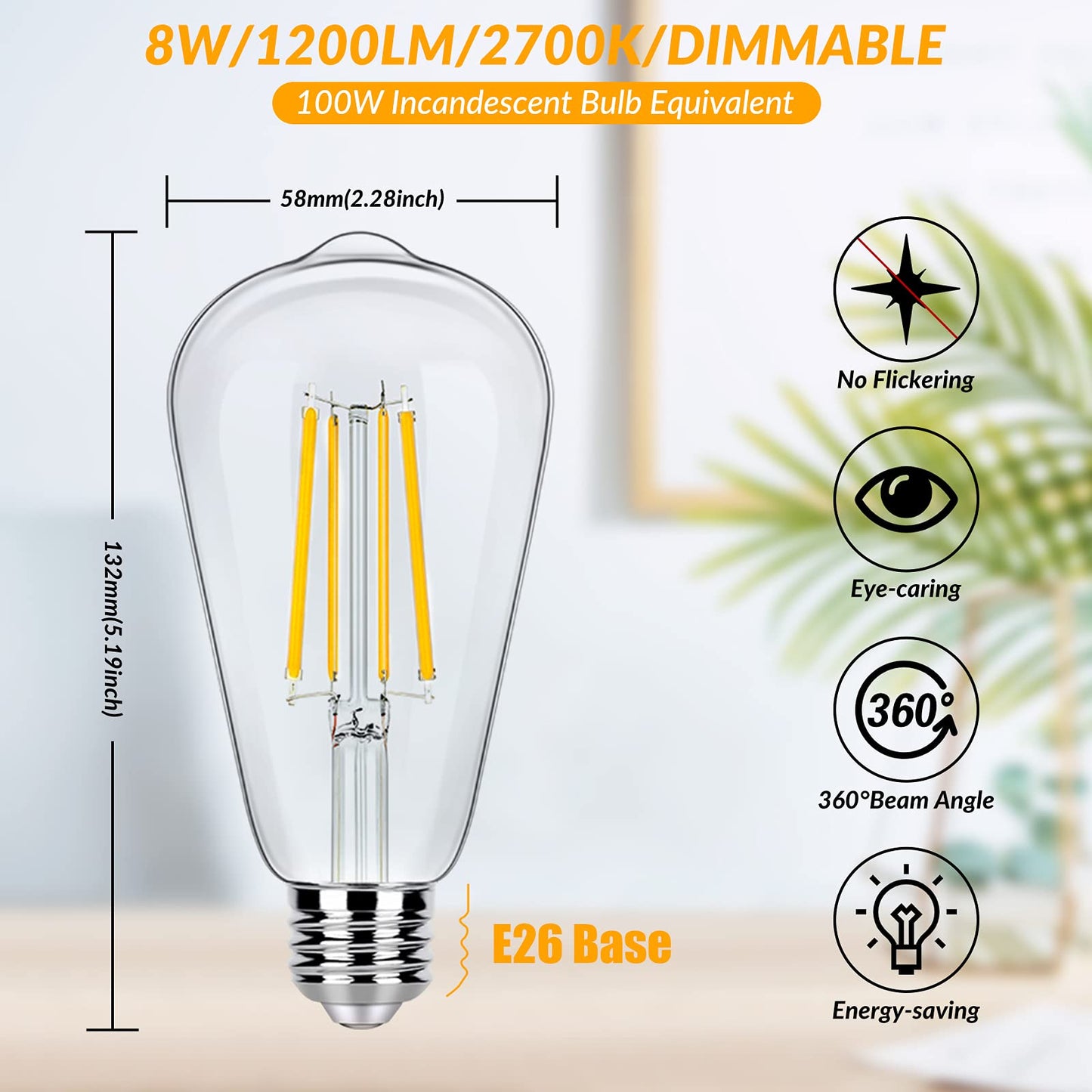 Dimmable Vintage LED Edison Light Bulbs 100W Equivalent, 8W ST58 Soft White 3000K 1200Lumens ST19 Antique LED Filament Bulbs, E26 Base, Clear Glass, CRI90+, Great for Home Bathroom Kitchen(4 Pack)