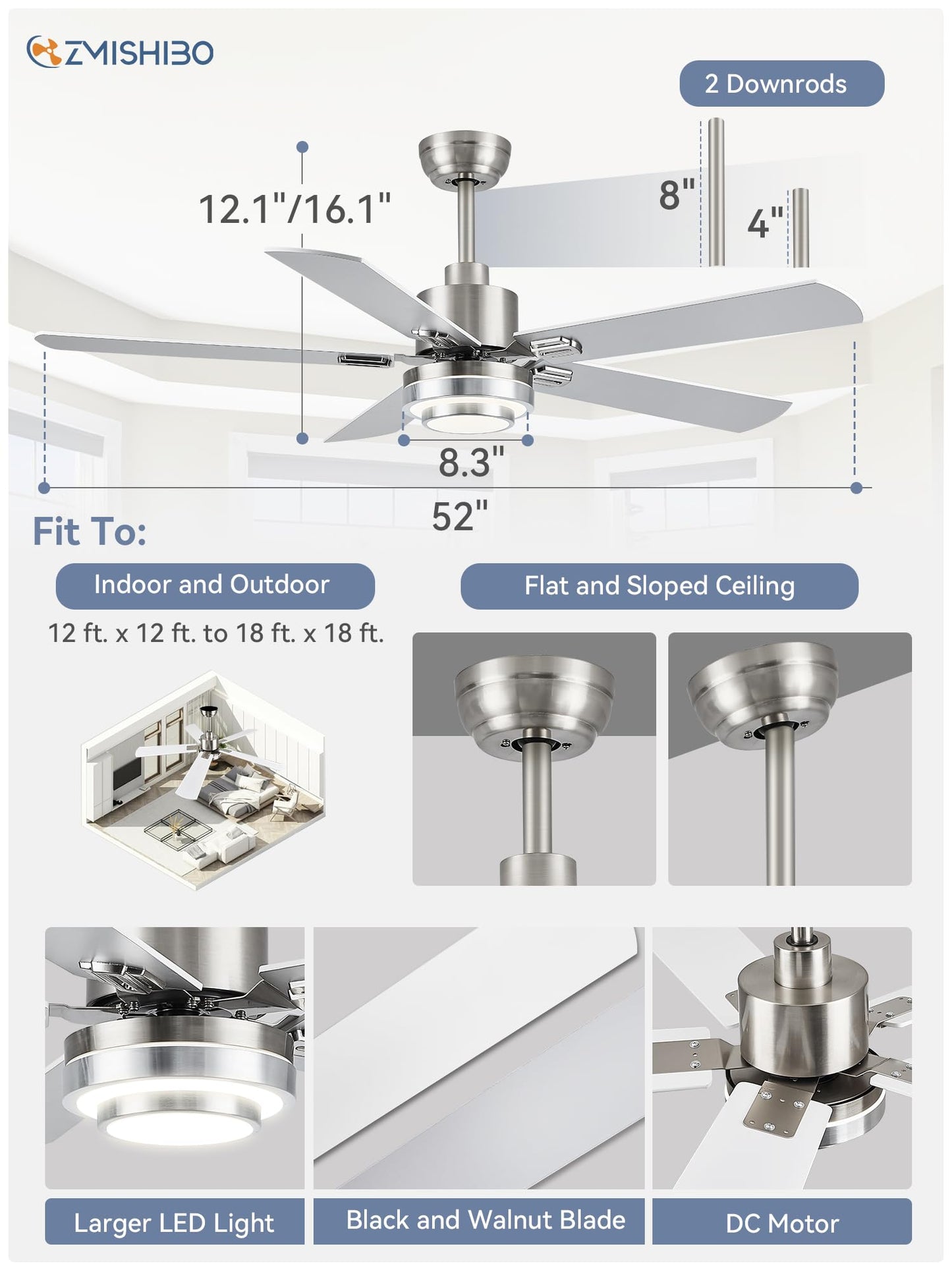 2 Pack Ceiling Fans with Light, 52" Modern Ceiling Fan with Remote, LED Quiet Ceiling Fan for Bedroom, Kitchen, Indoor, Dual Finish Blades (Brushed Nickel & White)