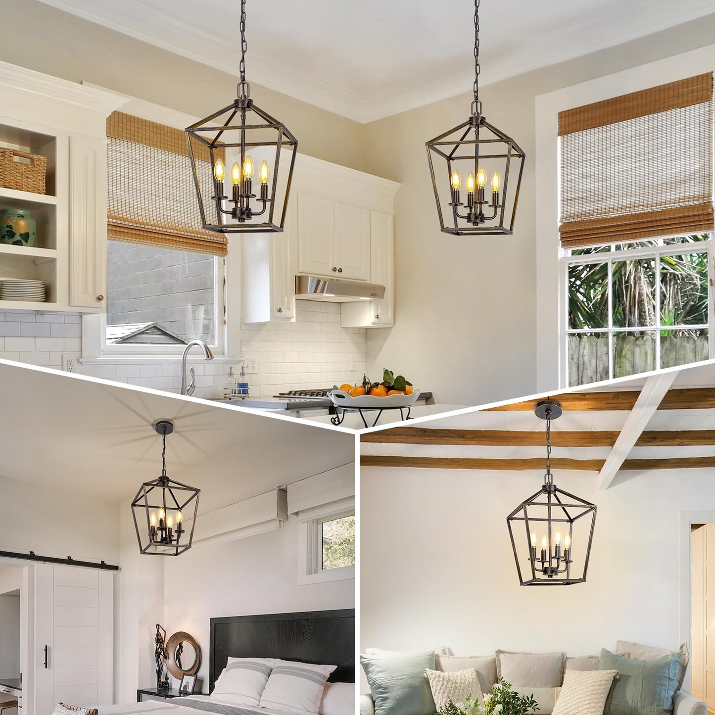 4 Light Chandelier, Industrial Ceiling Light Black Lantern Light Fixtures with Farmhouse Metal Cage Adjustable Height Rustic Geometric Hanging Light E12 Base for Kitchen Island, Entryway, Indoor