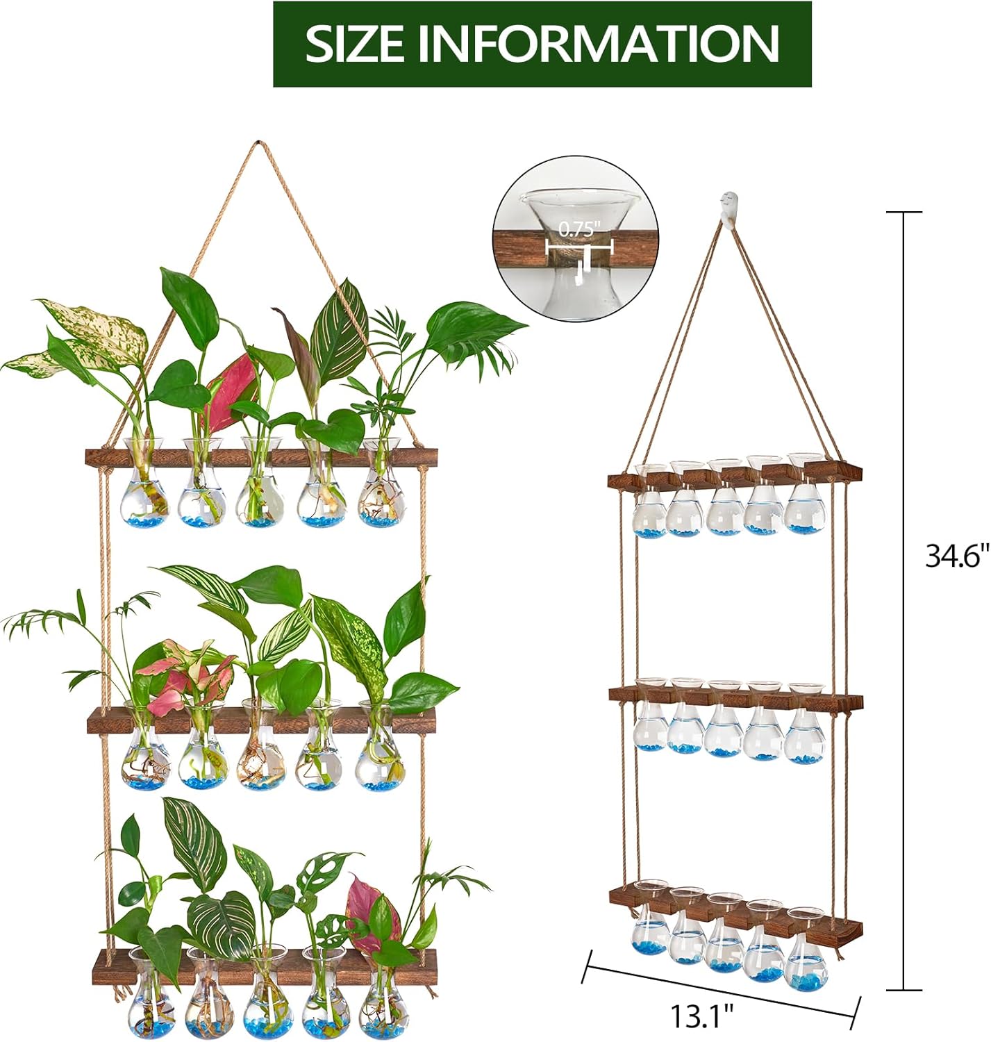 XXXFLOWER Wall Hanging Propagation Station with Wooden Stand 5 Bulb Vase 3 Tiered Planters+Flower Vases Accessories-3 Bulb Vase