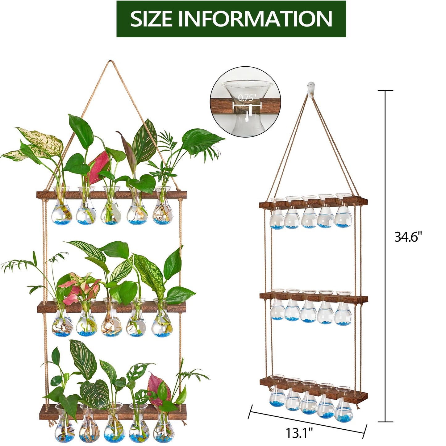 XXXFLOWER Wall Hanging Propagation Station with Wooden Stand 5 Bulb Vase 3 Tiered Planters Wall Terrarium for Home Office Plant Hanger Flower Vases Wall Decor