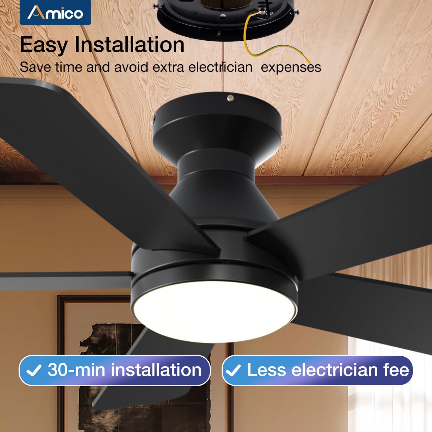 Amico Ceiling Fans with Lights, 42 Inch Low Profile Ceiling Fan with Light and Remote Control, Flush Mount, Reversible, 3CCT, Dimmable, Quiet, White Small Ceiling Fan for Bedroom Outdoor/Indoor Use