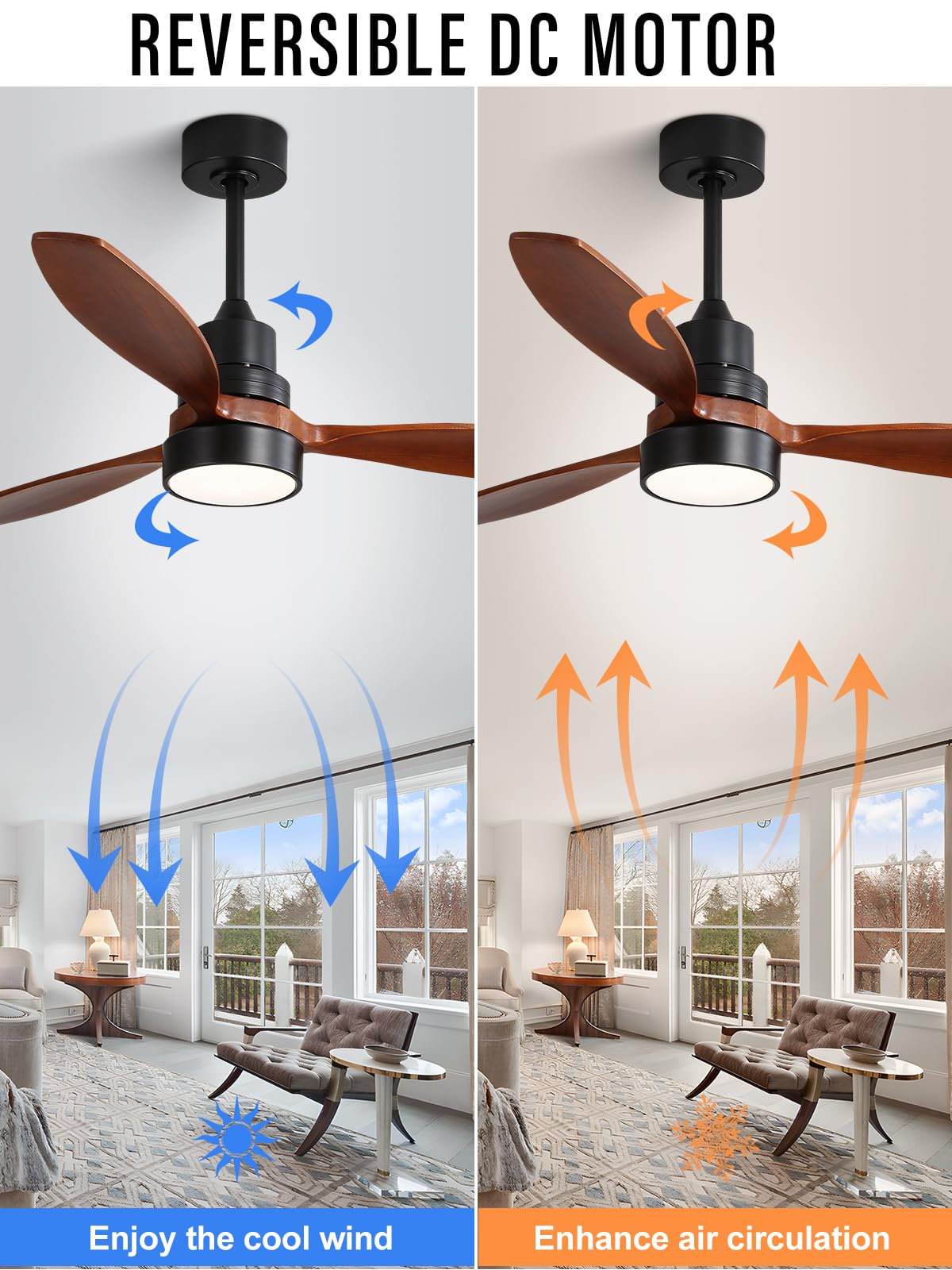 Sofucor 52" Ceiling Fan with Lights Remote Control, 3 Poles for Indoor Outdoor Ceiling Fan with Remote, Reversible Noiseless ETL Motor, 3 Walnut Wooden Blades