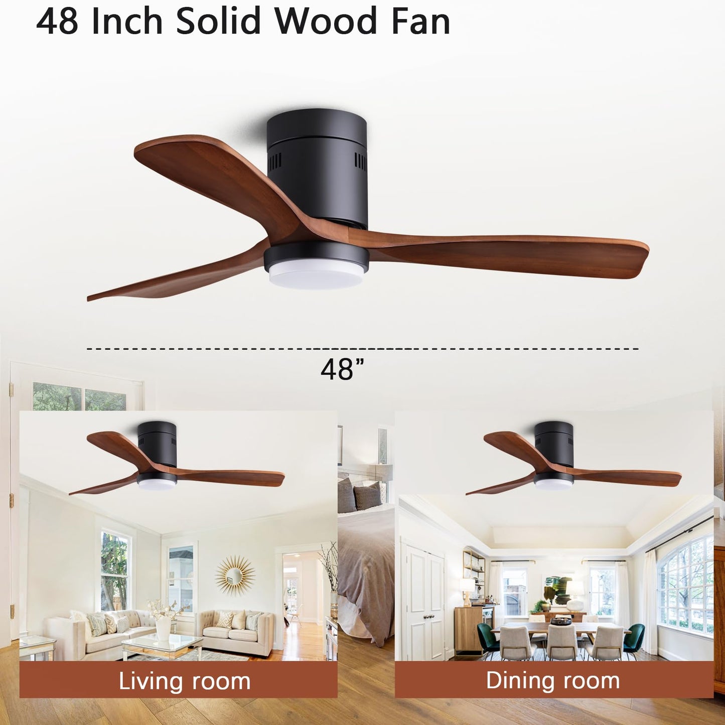 48" Recessed Wooden Ceiling Fan with Lights with Remote Control