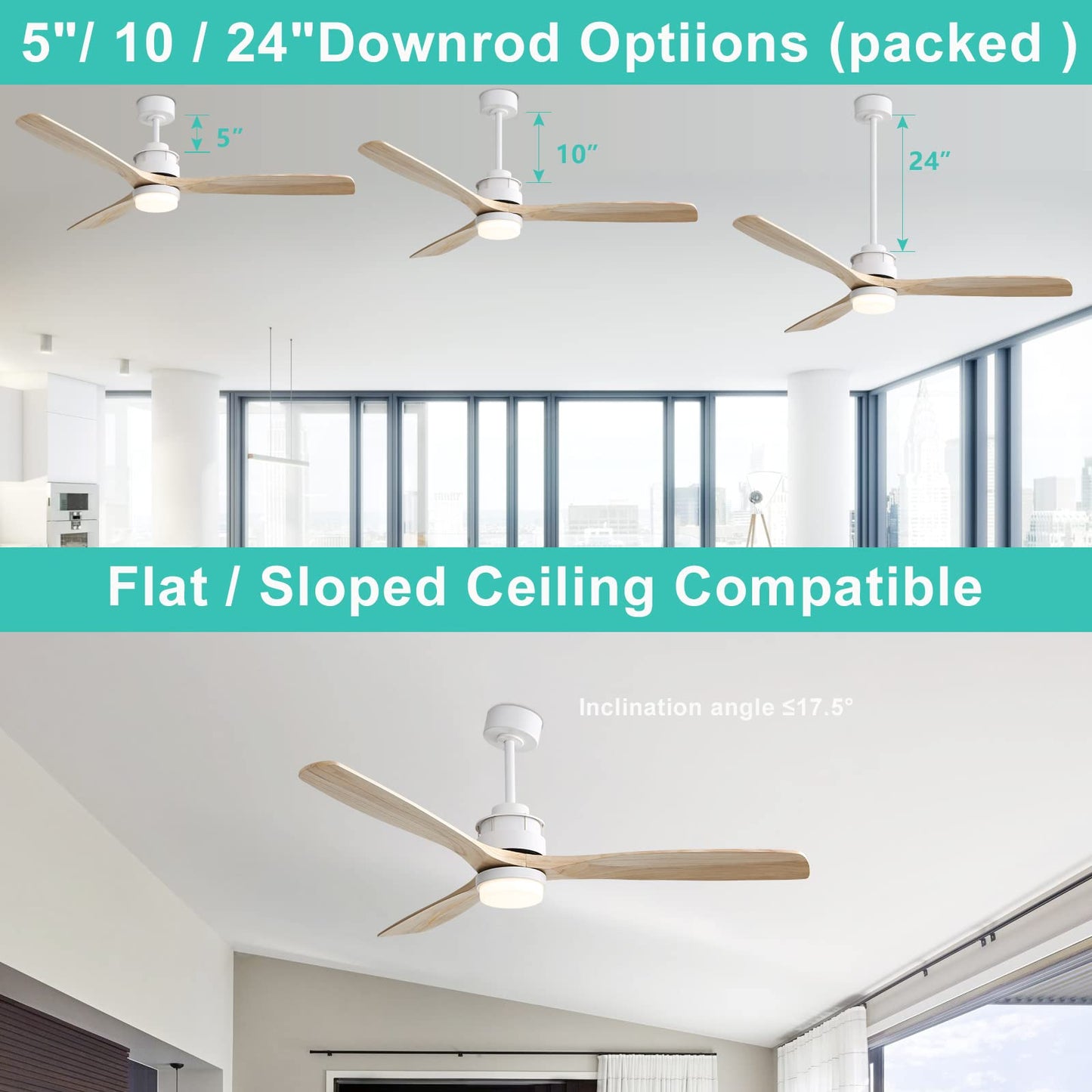 Sofucor 52" Ceiling Fan with Lights Remote Control, 3 Poles for Indoor Outdoor Ceiling Fan with Remote, Reversible Noiseless ETL Motor, 3 Walnut Wooden Blades