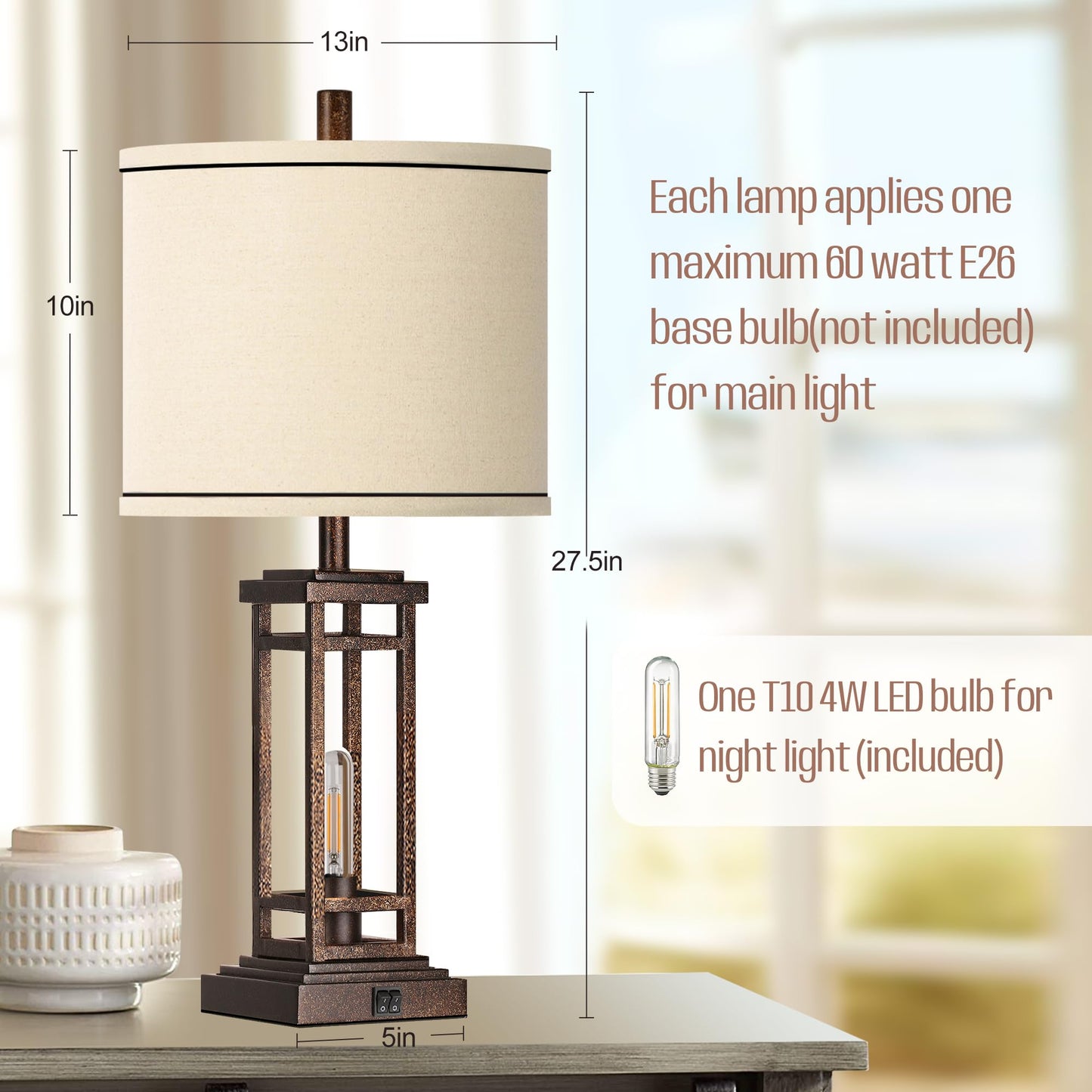 ROTTOGOON 27.5 Tall Farmhouse Table Lamps with USB C + USB A Charge Ports, Rustic Living Room Lamps Set of 2, Black Industrial End Table Lamp for Bedroom Living Room Nightstand (Oil-Rubbed Bronze)