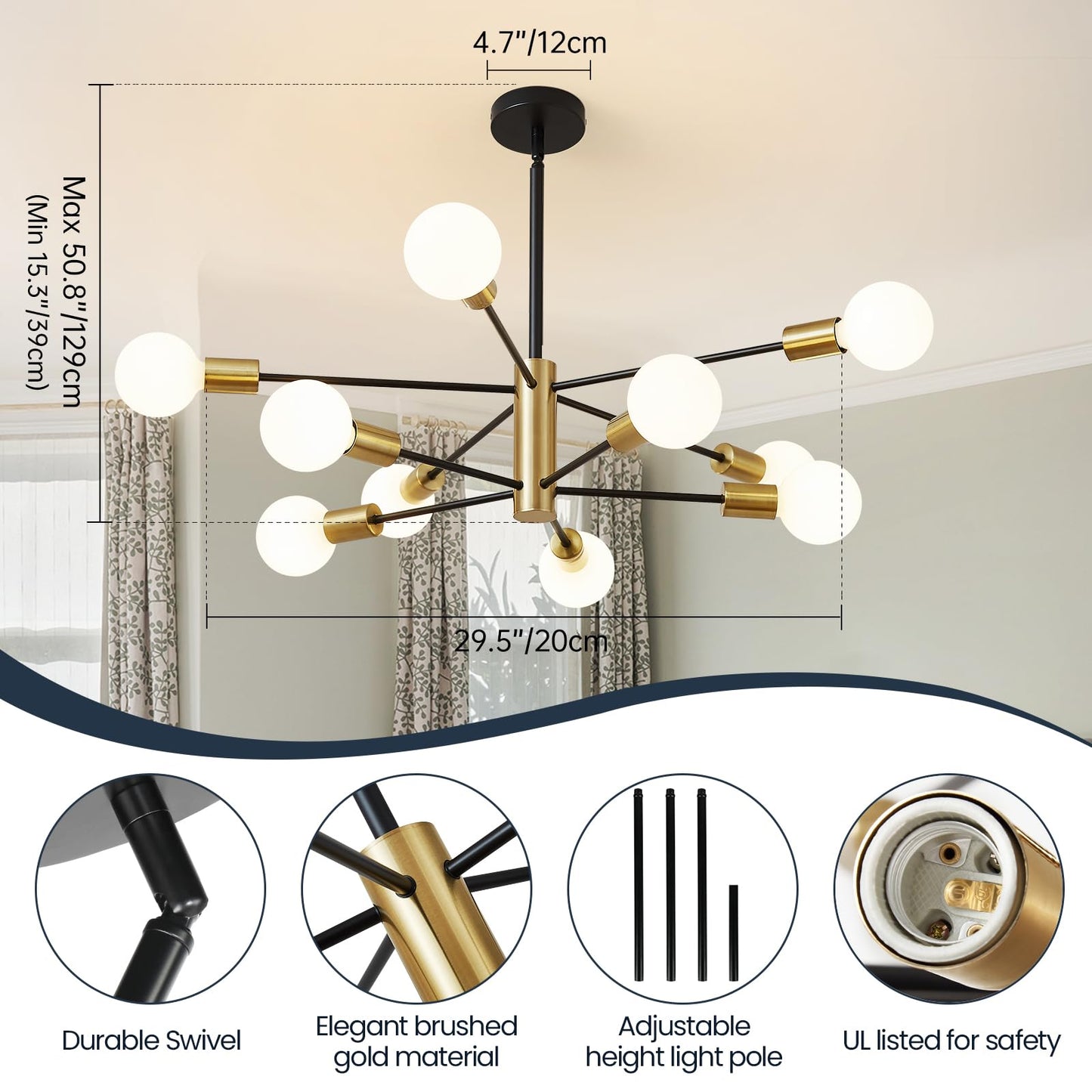 Modern Chandelier Ceiling Light Fixture Sputnik Chandeliers Gold and Black Farmhouse Chandelier Over Table 12-Light Height Adjustable Chandeliers for Dining Room, Living Room,Kitchen Island