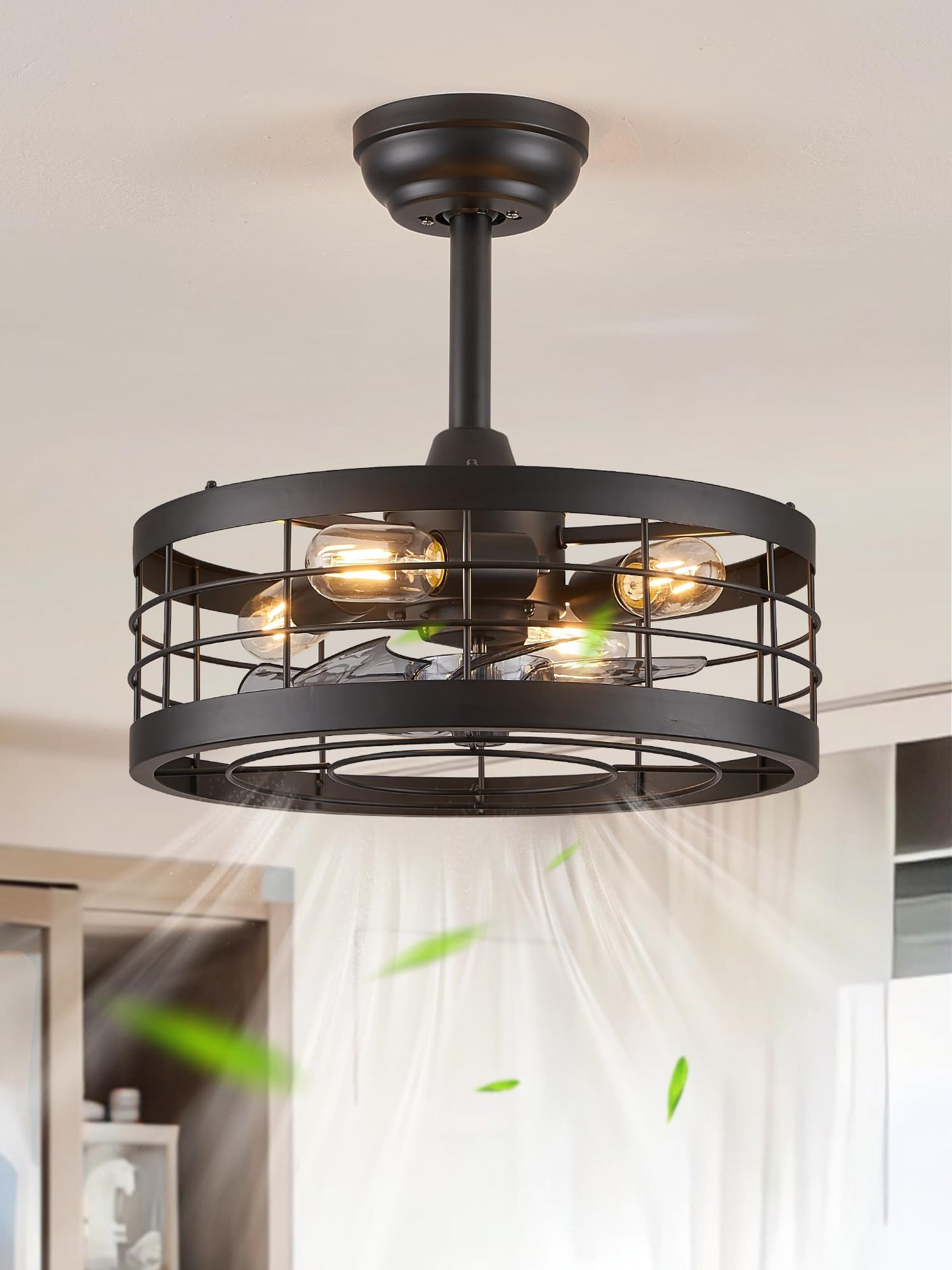 16.5 inch Black Caged Ceiling Fan with Light (6 Speed, Timing）