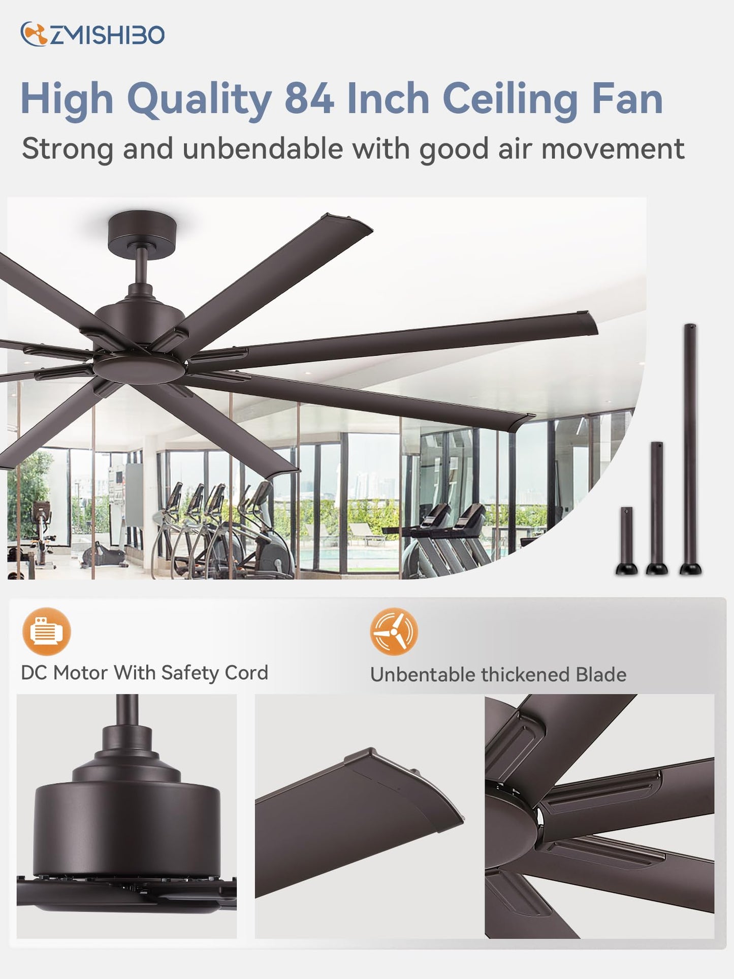 84 Inch Industrial DC Motor Ceiling Fan, Large Ceiling Fan with 8 Reversible Blades, 3 Downrods, 6-Speed Remote Control, Home or Commercial Ceiling Fans for Porch/Garage/Shop, Black