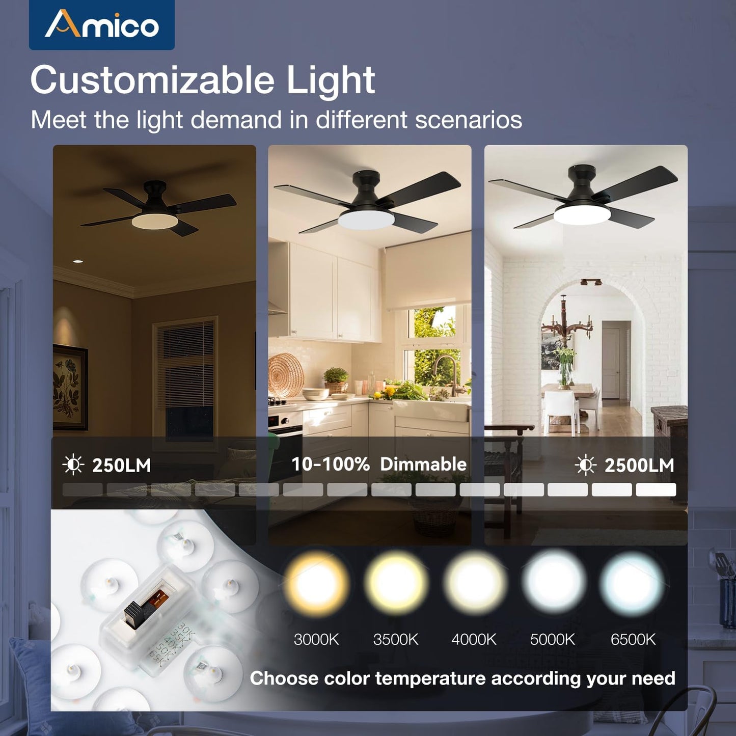 Amico Ceiling Fans with Lights, 44 inch Flush Mount Ceiling Fan with Light and Remote Control, Low Profile, Reversible, 5CCT Dimmable 4 Blades White Ceiling Fan for Bedroom Indoor/Outdoor Use