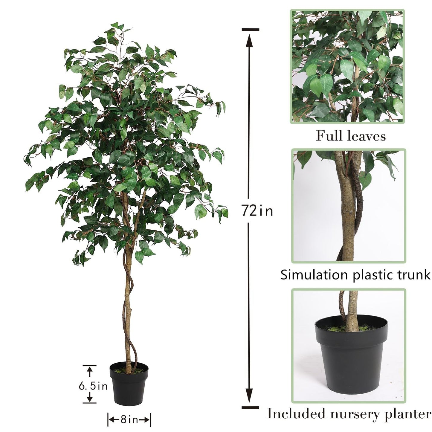 Artificial Ficus Tree, 6FT Tall Fake Ficus Silk Tree with Plastic Nursery Pot, Faux Ficus Tree with Realistic Vines and Leaves, Artificial Plants Indoor for Living Room Balcony Corner Decor