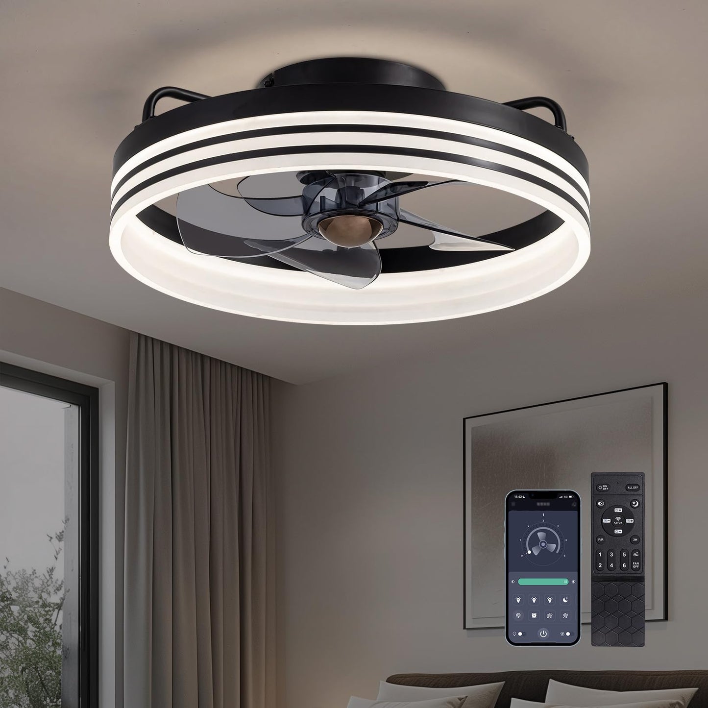 Flush Mount Ceiling Fan with Lights and Remote 20" (Black)