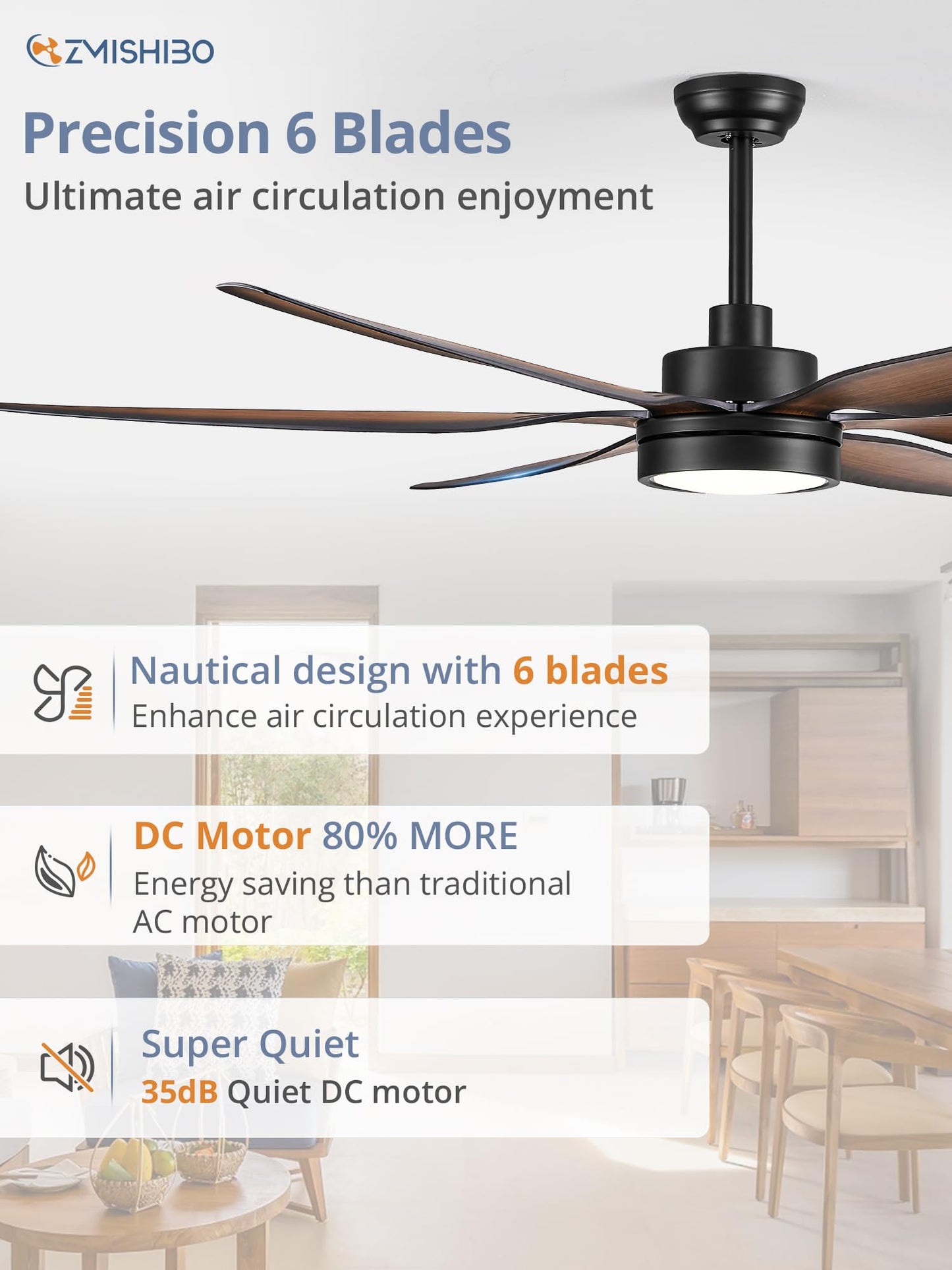 66 inch Large LED Ceiling Fans with Lights and Remote, Indoor/Outdoor Noiseless DC Motor Modern Black Ceiling Fan for Patio Living Room, 3 CCT, 6 Speed Reversible, 6 Blades