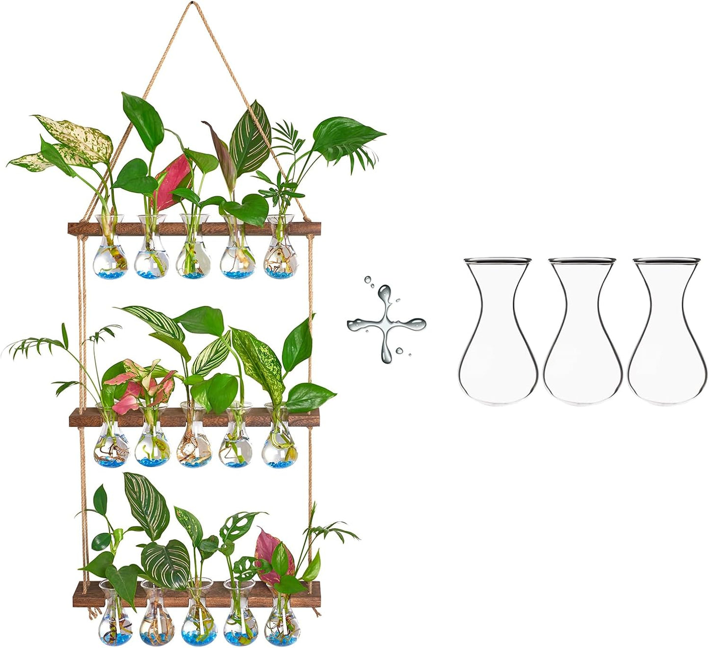 XXXFLOWER Wall Hanging Propagation Station with Wooden Stand 5 Bulb Vase 3 Tiered Planters+Flower Vases Accessories-3 Bulb Vase