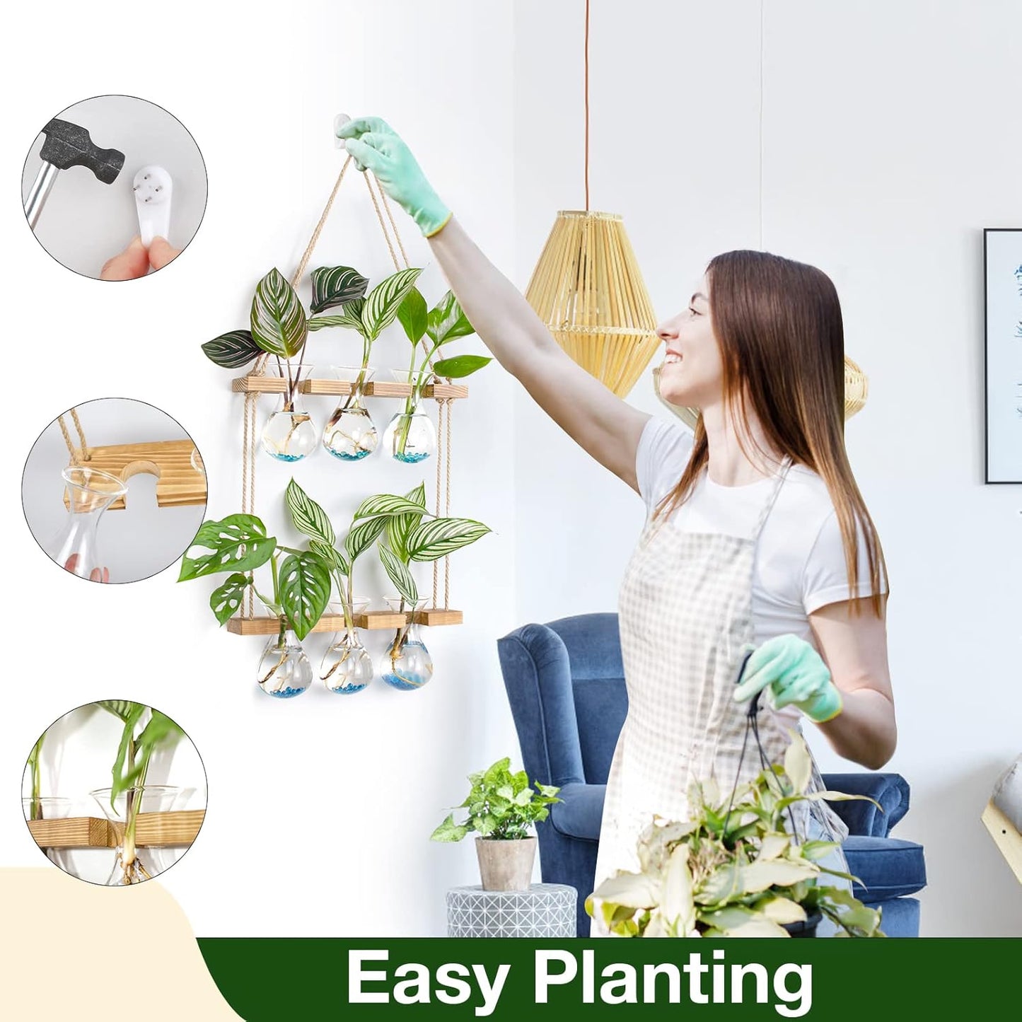 XXXFLOWER Wall Hanging Propagation Station with Wooden Stand 3 Bulb Vase 2 Tiered Planters Wall Terrarium+Flower Vases Accessories-2 Bulb Vase