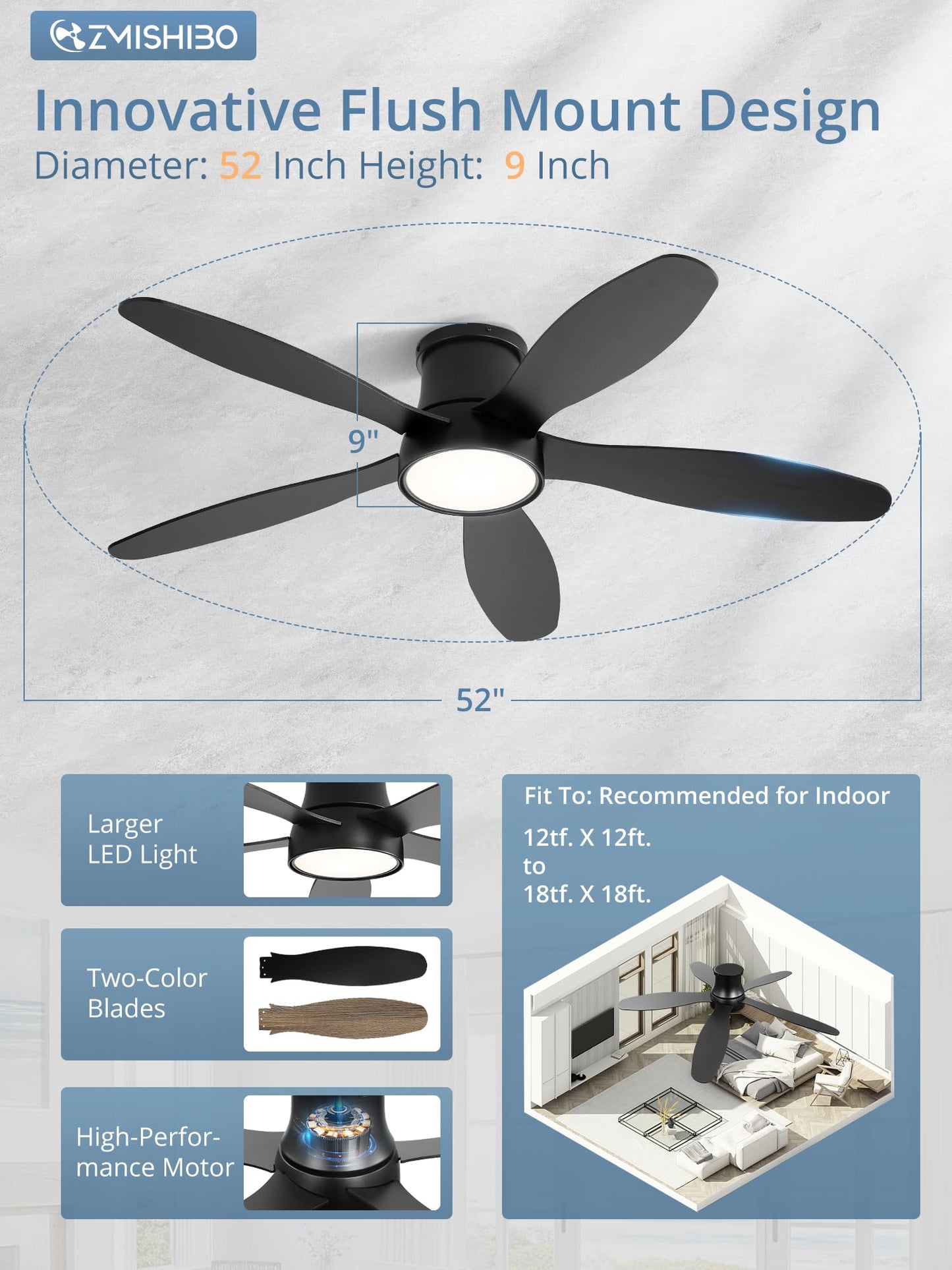 52 Inch Ceiling Fans with Lights, Flush Mount Low Profile Ceiling Fan with Remote, Reversible, 3CCT, Noiseless, LED Ceiling Fan Lighting Fixture for Bedroom, Kitchen, Indoor-Black