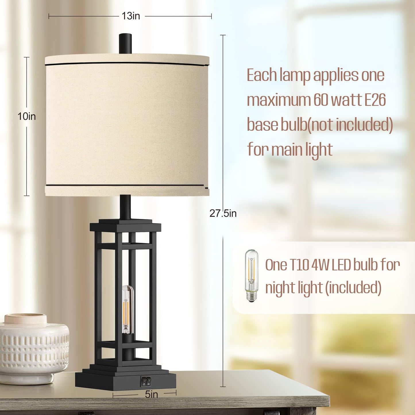 ROTTOGOON 27.5 Tall Farmhouse Table Lamps with USB C + USB A Charge Ports, Rustic Living Room Lamps Set of 2, Black Industrial End Table Lamp for Bedroom Living Room Nightstand (Oil-Rubbed Bronze)