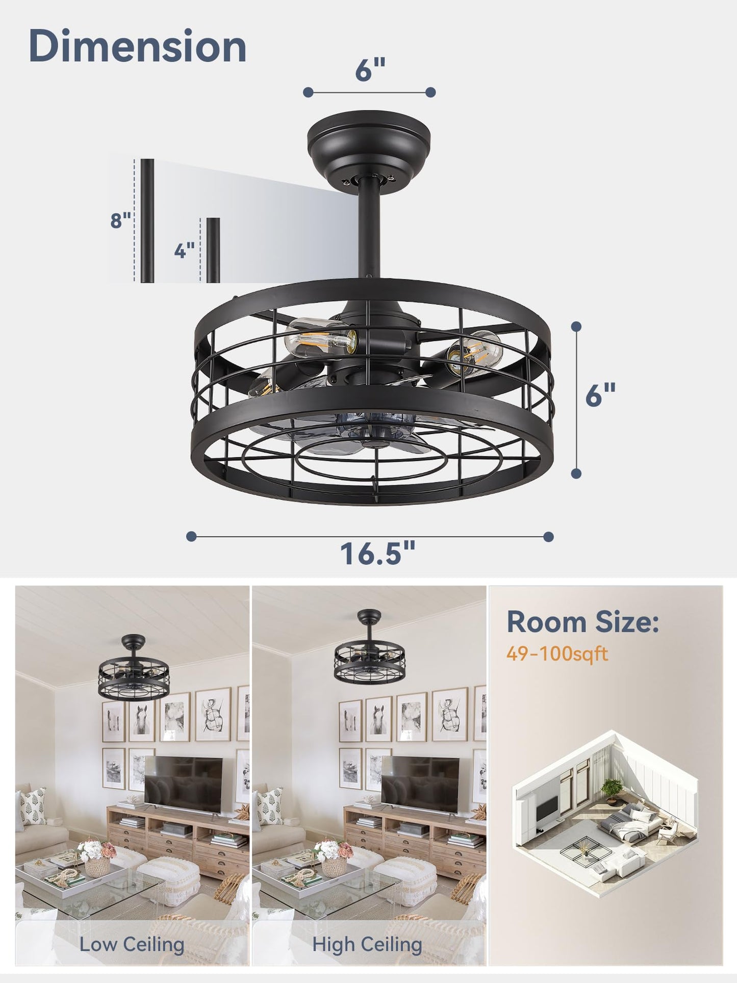 16.5 inch Black Caged Ceiling Fan with Light (6 Speed, Timing）