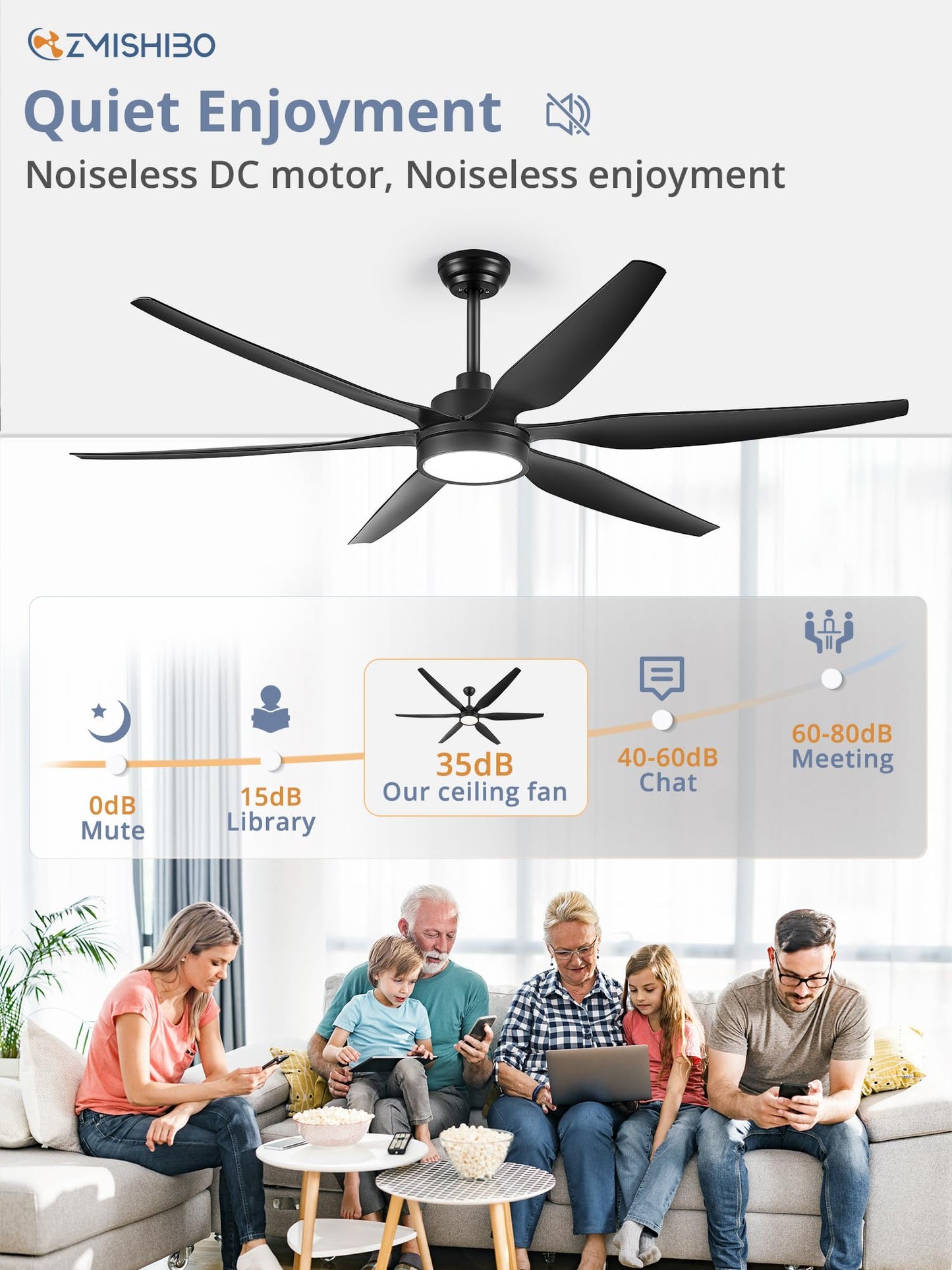 66 inch Large LED Ceiling Fans with Lights and Remote, Indoor/Outdoor Noiseless DC Motor Modern Black Ceiling Fan for Patio Living Room, 3 CCT, 6 Speed Reversible, 6 Blades