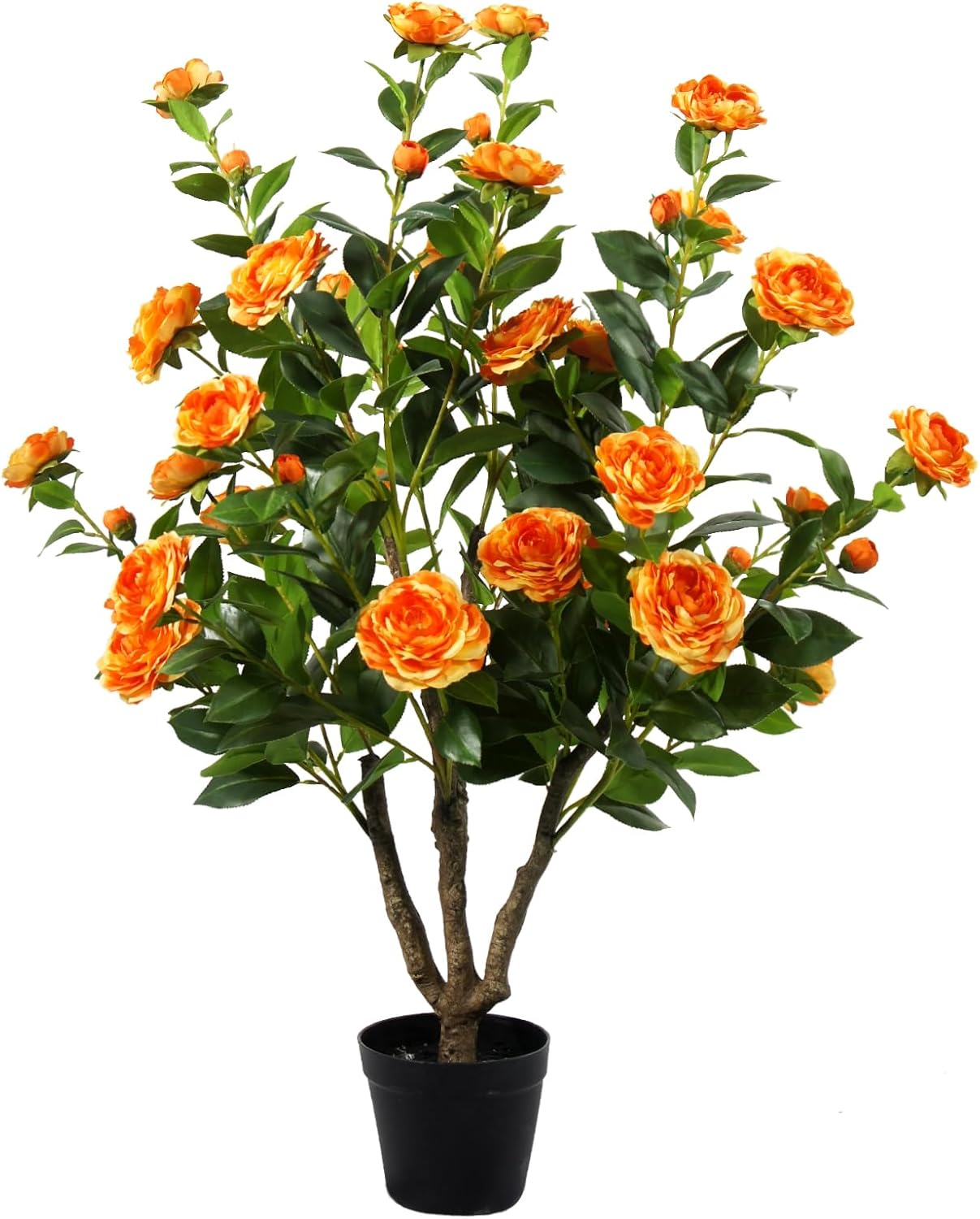 Artificial Camellia Tree 40",Faux Outdoor Camellia Tree with 36 Blooming Flowers,Fake Flower Tree in Cement Pot for Indoor Outdoor Décor