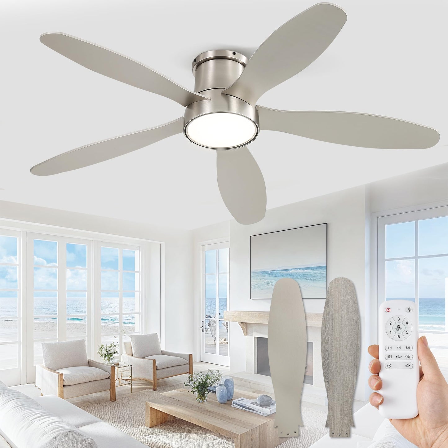 52 Inch Ceiling Fans with Lights, Flush Mount Low Profile Ceiling Fan with Remote, Reversible, 3CCT, Noiseless, LED Ceiling Fan Lighting Fixture for Bedroom, Kitchen, Indoor-Black