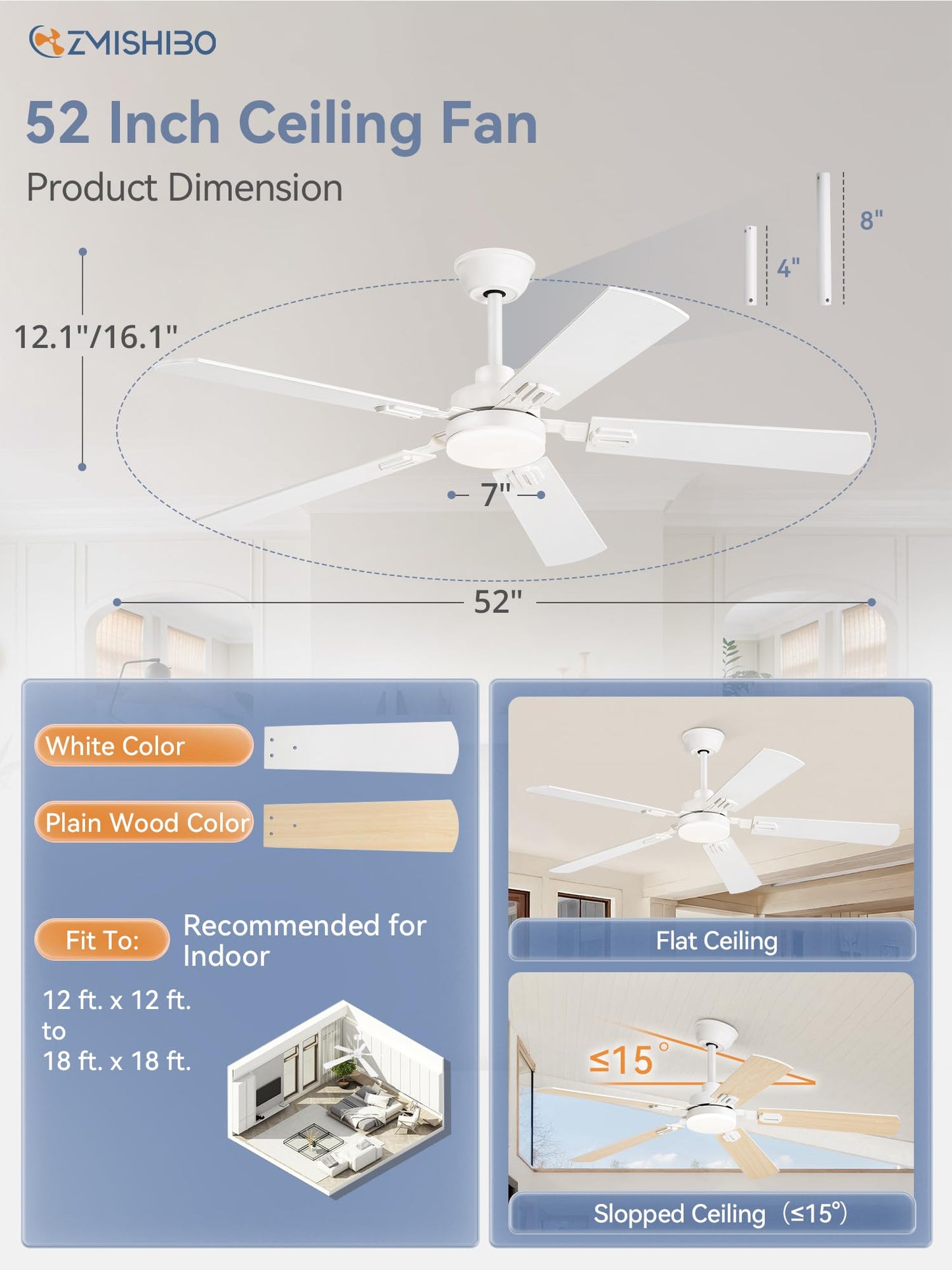 52" Ceiling Fans with Lights, Black Modern Ceiling Fan with Remote, Farmhouse Indoor Ceiling Fan with Dual Finish Blades, Quiet & Strong Motor, Bright LED Light.