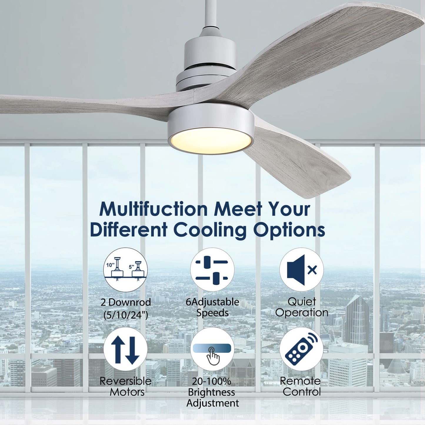 Sofucor 52" Ceiling Fan with Lights Remote Control, 3 Poles for Indoor Outdoor Ceiling Fan with Remote, Reversible Noiseless ETL Motor, 3 Walnut Wooden Blades