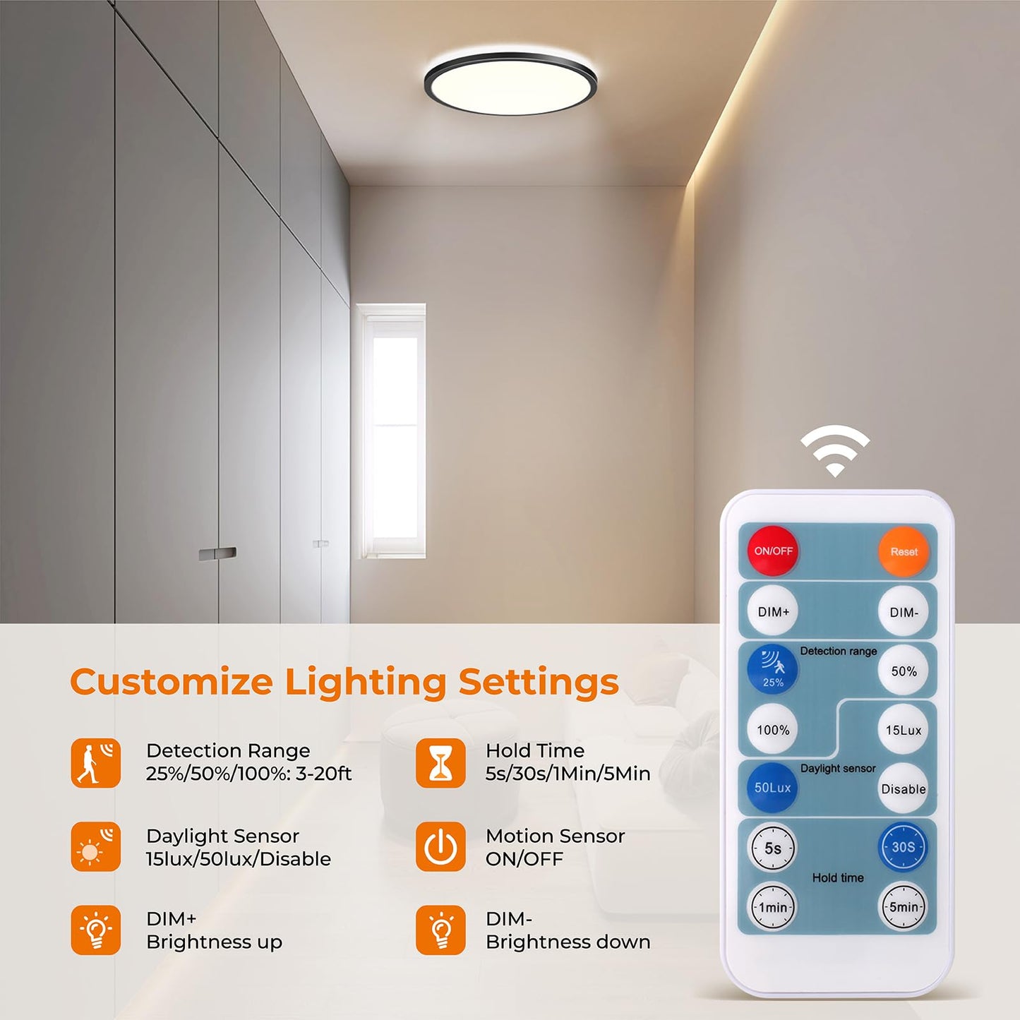 Matane Motion Sensor LED Ceiling Light with Remote, 12 Inch Wired Flush Mount Ceiling Light 3000K 4000K 5000K, 2400LM Dimmable Motion Sensor Light Indoor for Closet Hallway Laundry Stairs White