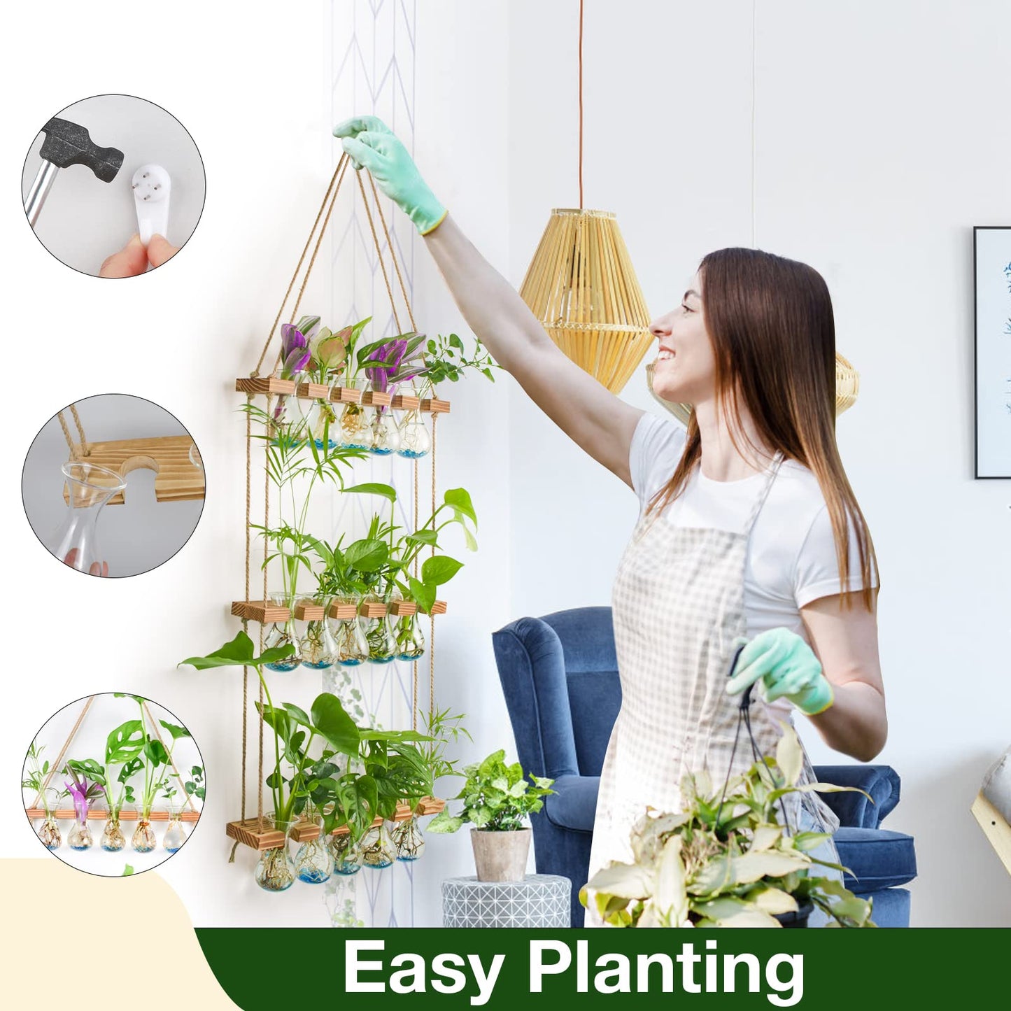 XXXFLOWER Wall Hanging Propagation Station with Wooden Stand 5 Bulb Vase 3 Tiered Planters Wall Terrarium for Home Office Plant Hanger Flower Vases Wall Decor