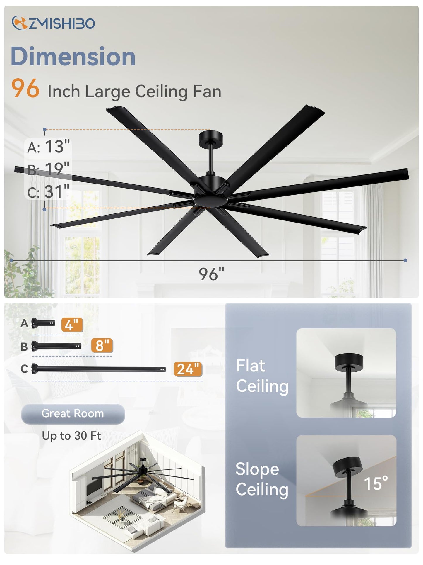 96 Inch Industrial DC Motor Ceiling Fan, Large Ceiling Fan with 8 Reversible Blades, 3 Downrods, 6-Speed Remote Control, Home or Commercial Ceiling Fans for Porch/Garage/Shop, Black