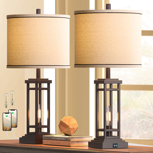 ROTTOGOON 27.5 Tall Farmhouse Table Lamps with USB C + USB A Charge Ports, Rustic Living Room Lamps Set of 2, Black Industrial End Table Lamp for Bedroom Living Room Nightstand (Oil-Rubbed Bronze)