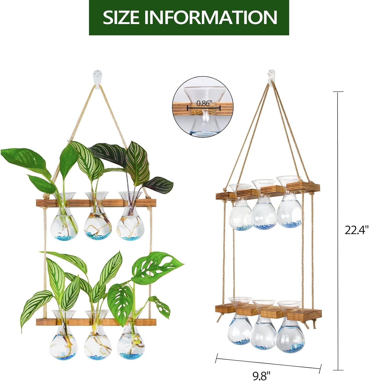 XXXFLOWER Wall Hanging Propagation Station with Wooden Stand 3 Bulb Vase 2 Tiered Planters Wall Terrarium+Flower Vases Accessories-2 Bulb Vase