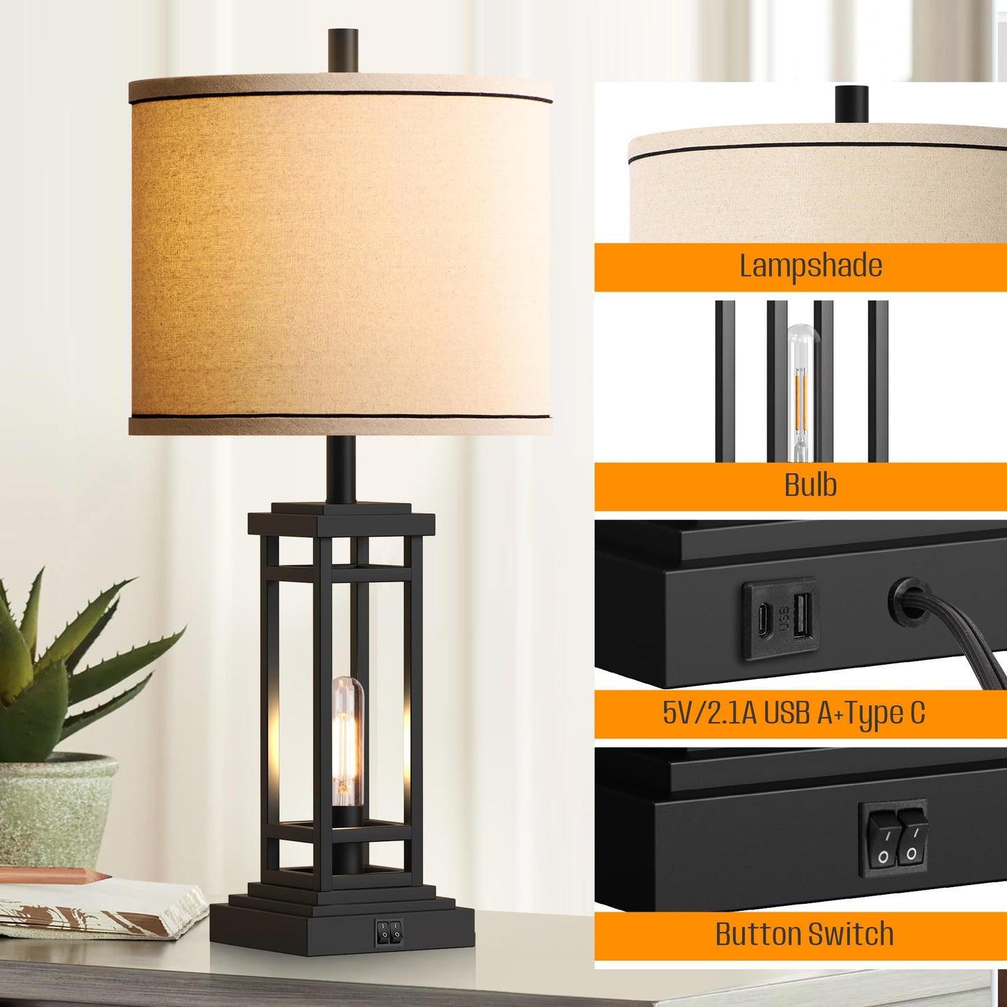 ROTTOGOON 27.5 Tall Farmhouse Table Lamps with USB C + USB A Charge Ports, Rustic Living Room Lamps Set of 2, Black Industrial End Table Lamp for Bedroom Living Room Nightstand (Oil-Rubbed Bronze)