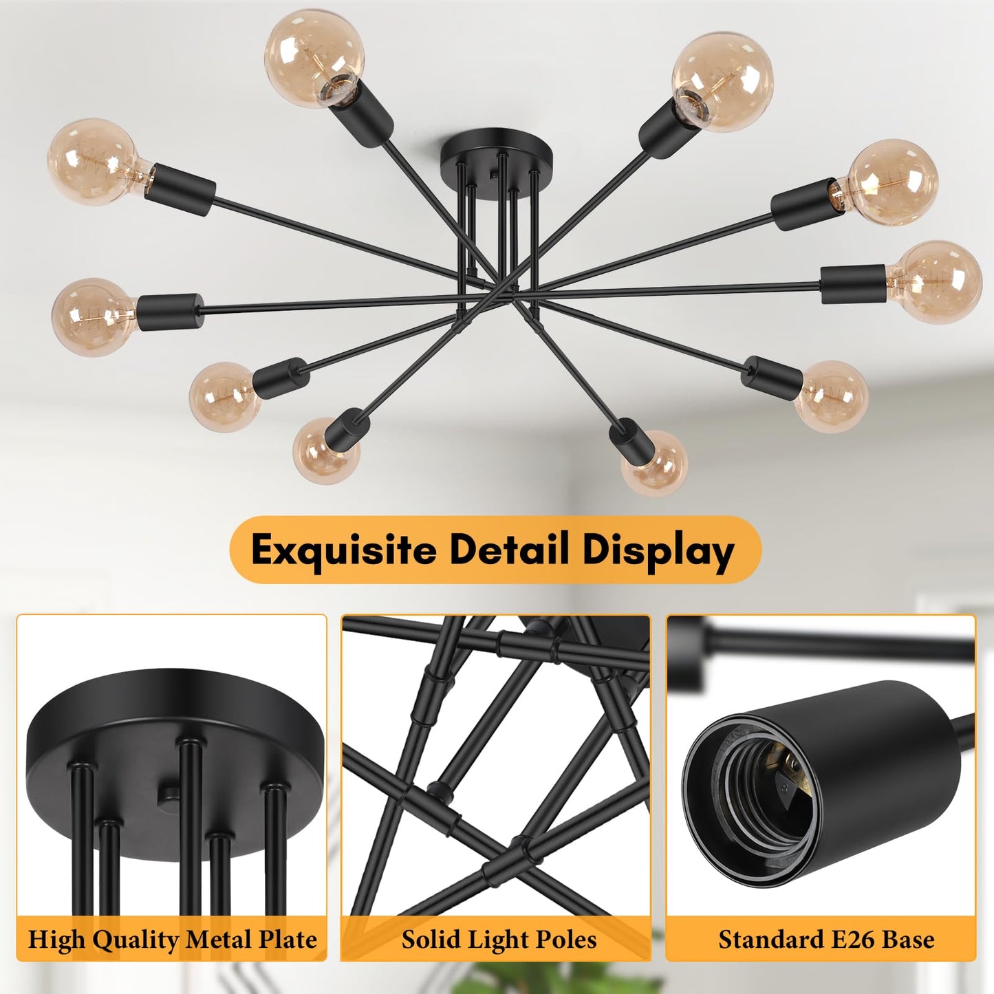 Modern Sputnik Chandelier 6-Light Industrial Ceiling Lights Fixture 22" Black Semi Flush Mount Ceiling Light with E26 Base Sputnik Lights Fixture for Dining Room Bedroom Foyer Hallway Living Room