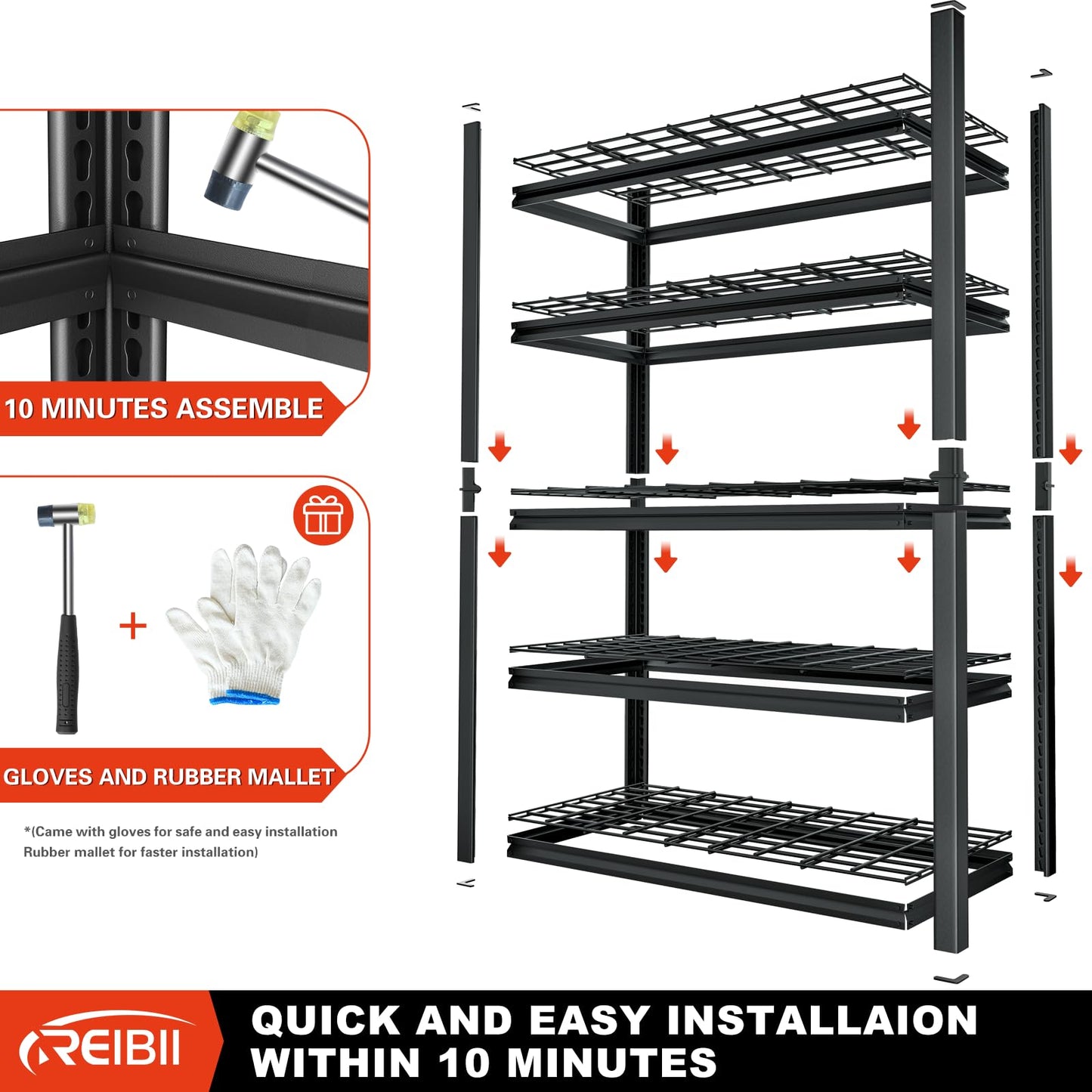 REIBII 48" W Garage Shelving 3000LBS Heavy Duty Storage Shelves, 5 Tier Adjustable Metal Shelves for Storage Rack Industrial Utility Shelf, Garage Storage Shelving Unit, 48" W x 24" D x 72" H