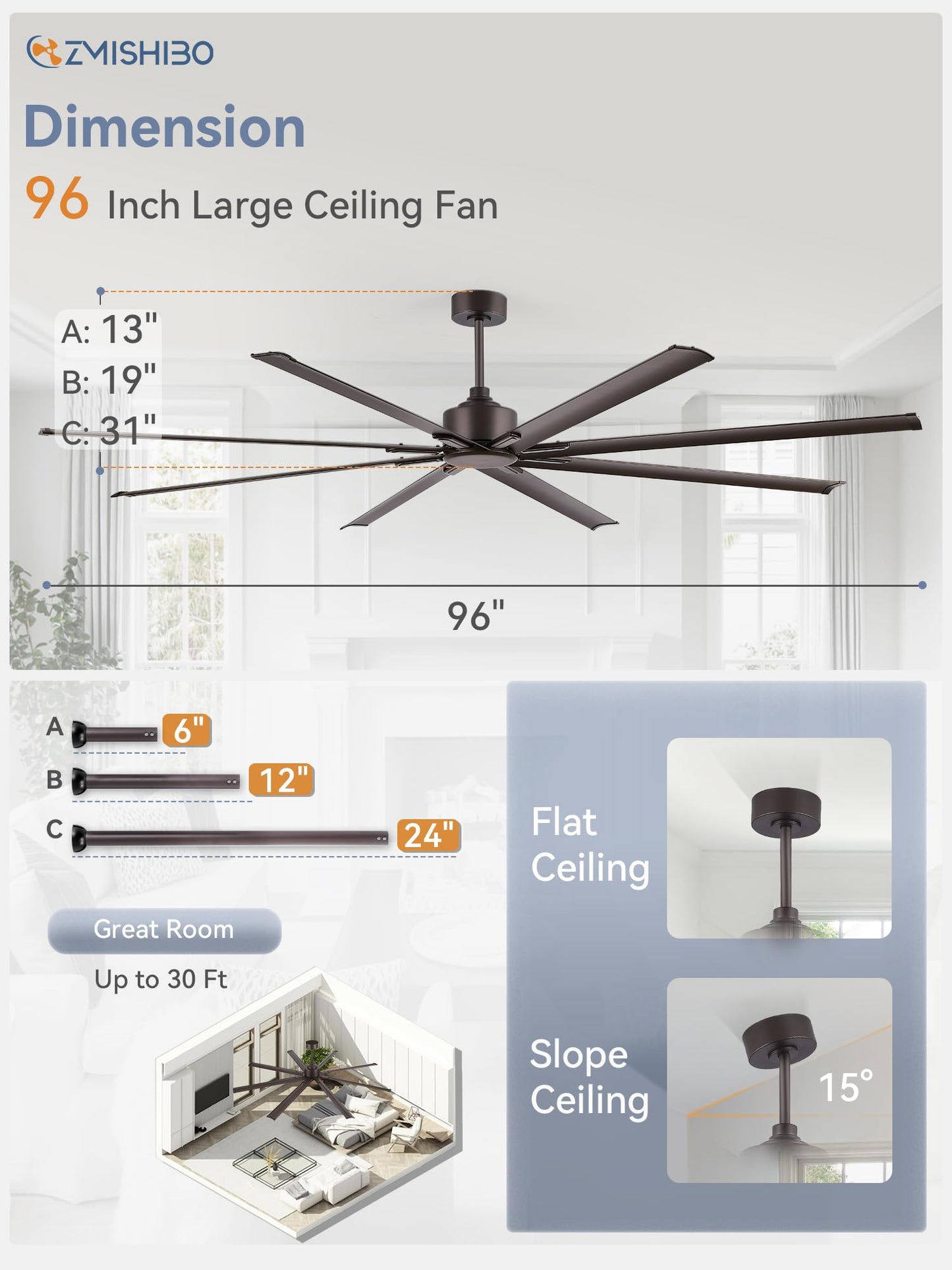 96 Inch Industrial DC Motor Ceiling Fan, Large Ceiling Fan with 8 Reversible Blades, 3 Downrods, 6-Speed Remote Control, Home or Commercial Ceiling Fans for Porch/Garage/Shop, Black