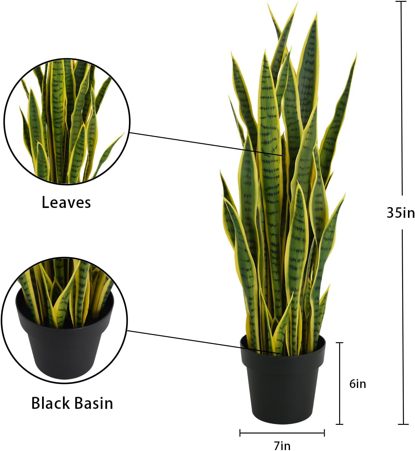 35" Sansevieria Artificial Snake Plants, 3FT Tall Fake Sansevieria Tree in Pot with 32 Leaves, Faux Plant for Home Office Garden Decoration