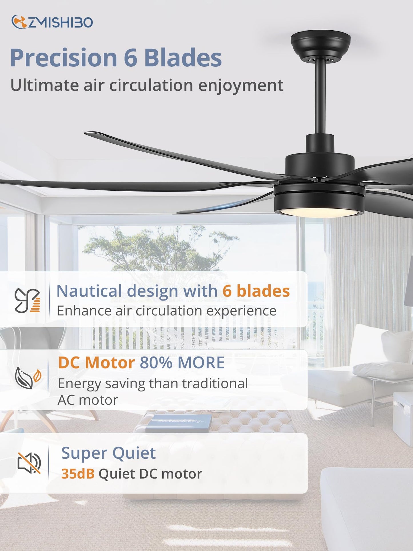 66 inch Large LED Ceiling Fans with Lights and Remote, Indoor/Outdoor Noiseless DC Motor Modern Black Ceiling Fan for Patio Living Room, 3 CCT, 6 Speed Reversible, 6 Blades