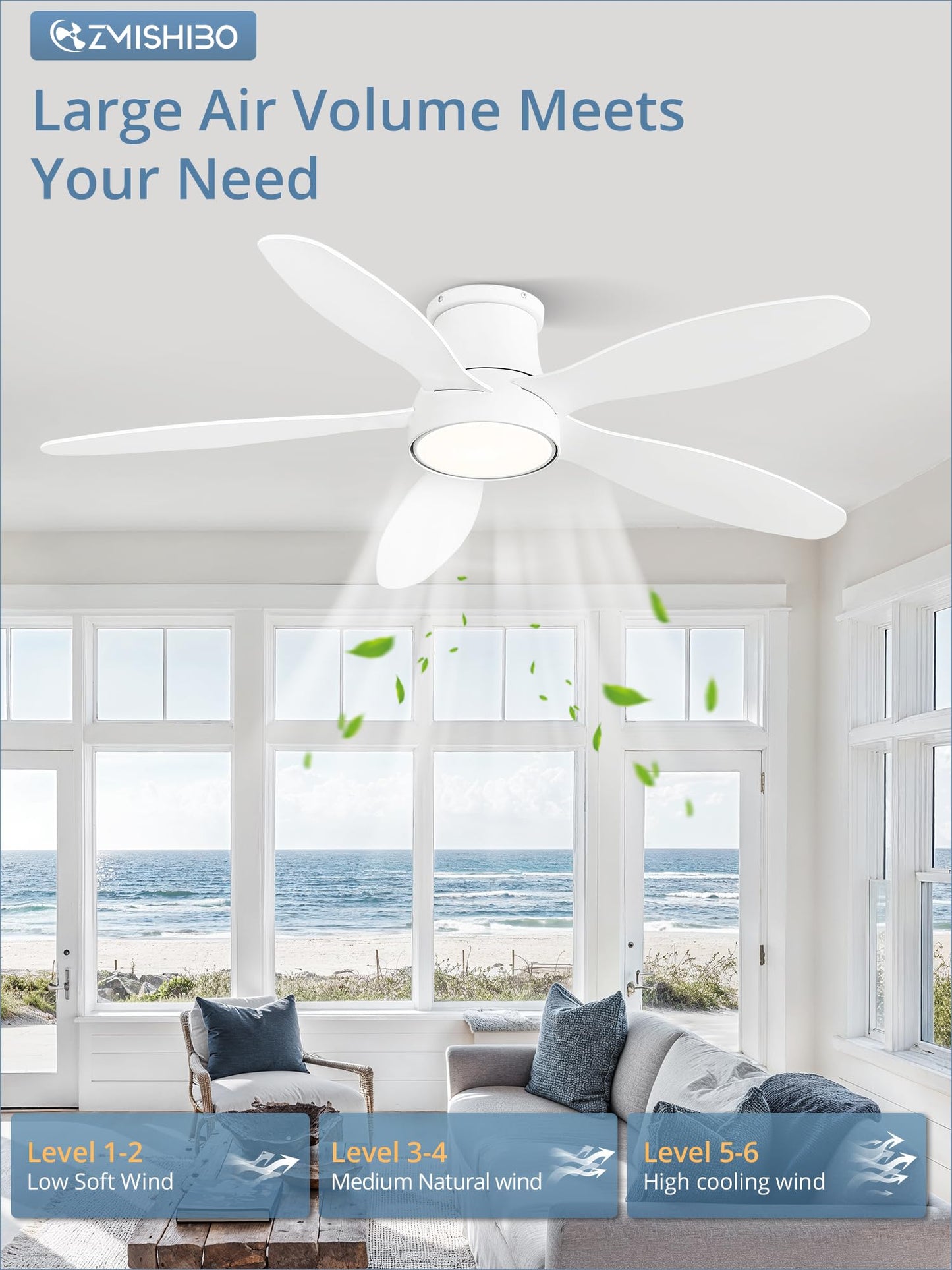 52 Inch Ceiling Fans with Lights, Flush Mount Low Profile Ceiling Fan with Remote, Reversible, 3CCT, Noiseless, LED Ceiling Fan Lighting Fixture for Bedroom, Kitchen, Indoor-Black