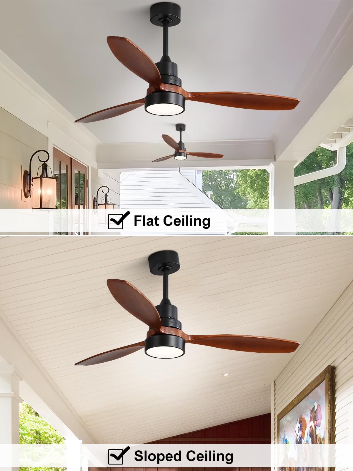 Sofucor 52" Ceiling Fan with Lights Remote Control, 3 Poles for Indoor Outdoor Ceiling Fan with Remote, Reversible Noiseless ETL Motor, 3 Walnut Wooden Blades