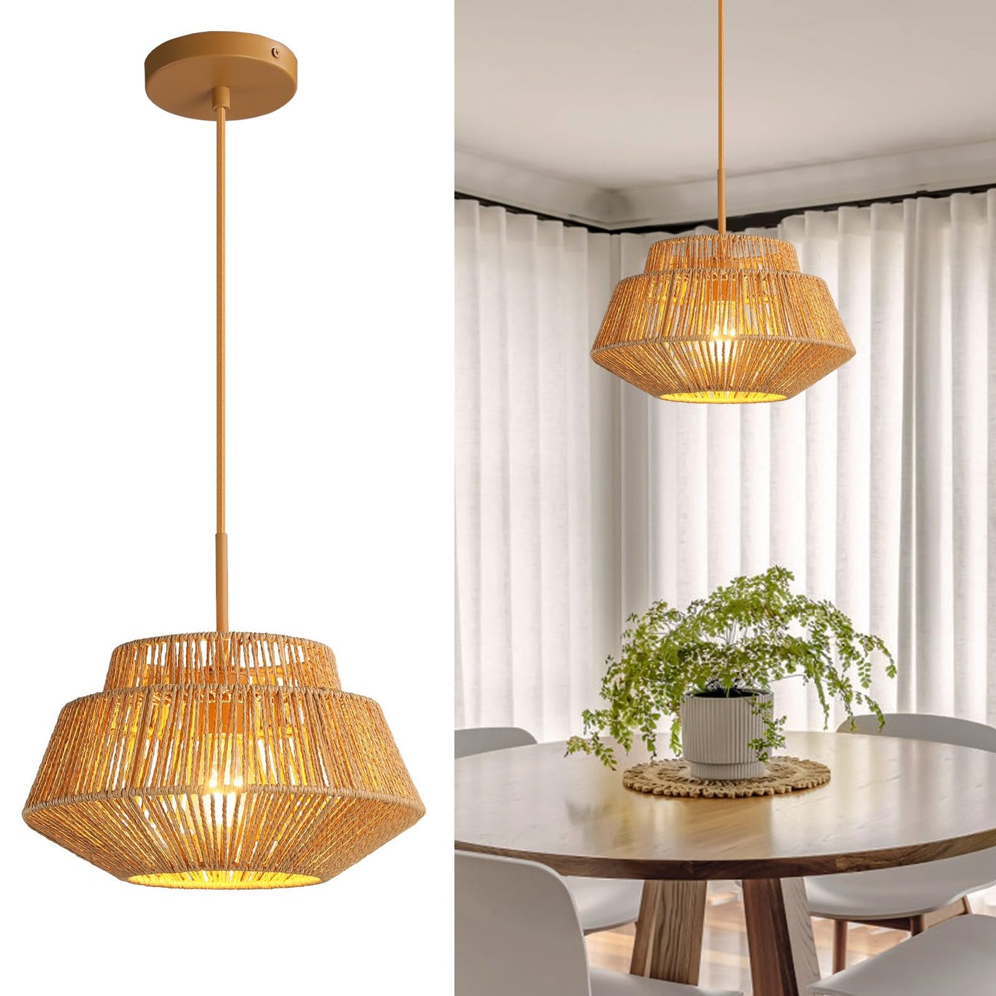 Rattan Chandelier Light Fixtures: 1-Light Boho Pendant Lights with Wicker Lampshade, E26 59inch Height Adjustable Hand Woven Hanging Chandeliers for Dining Room Kitchen Farmhouse Living Room