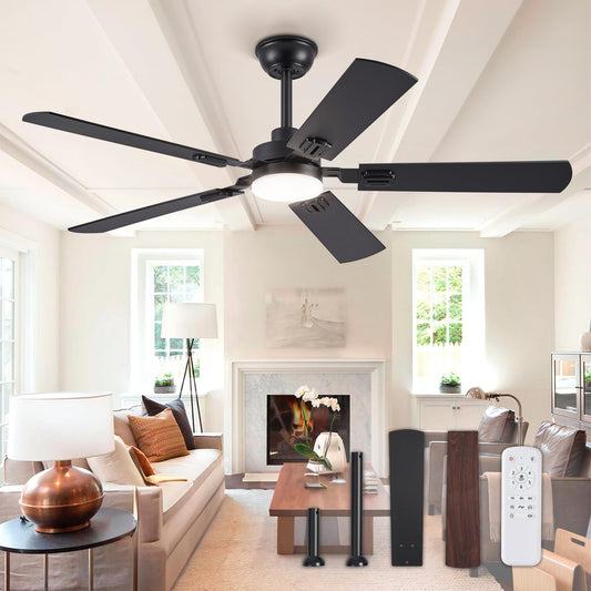 52" Ceiling Fans with Lights, Black Modern Ceiling Fan with Remote, Farmhouse Indoor Ceiling Fan with Dual Finish Blades, Quiet & Strong Motor, Bright LED Light.