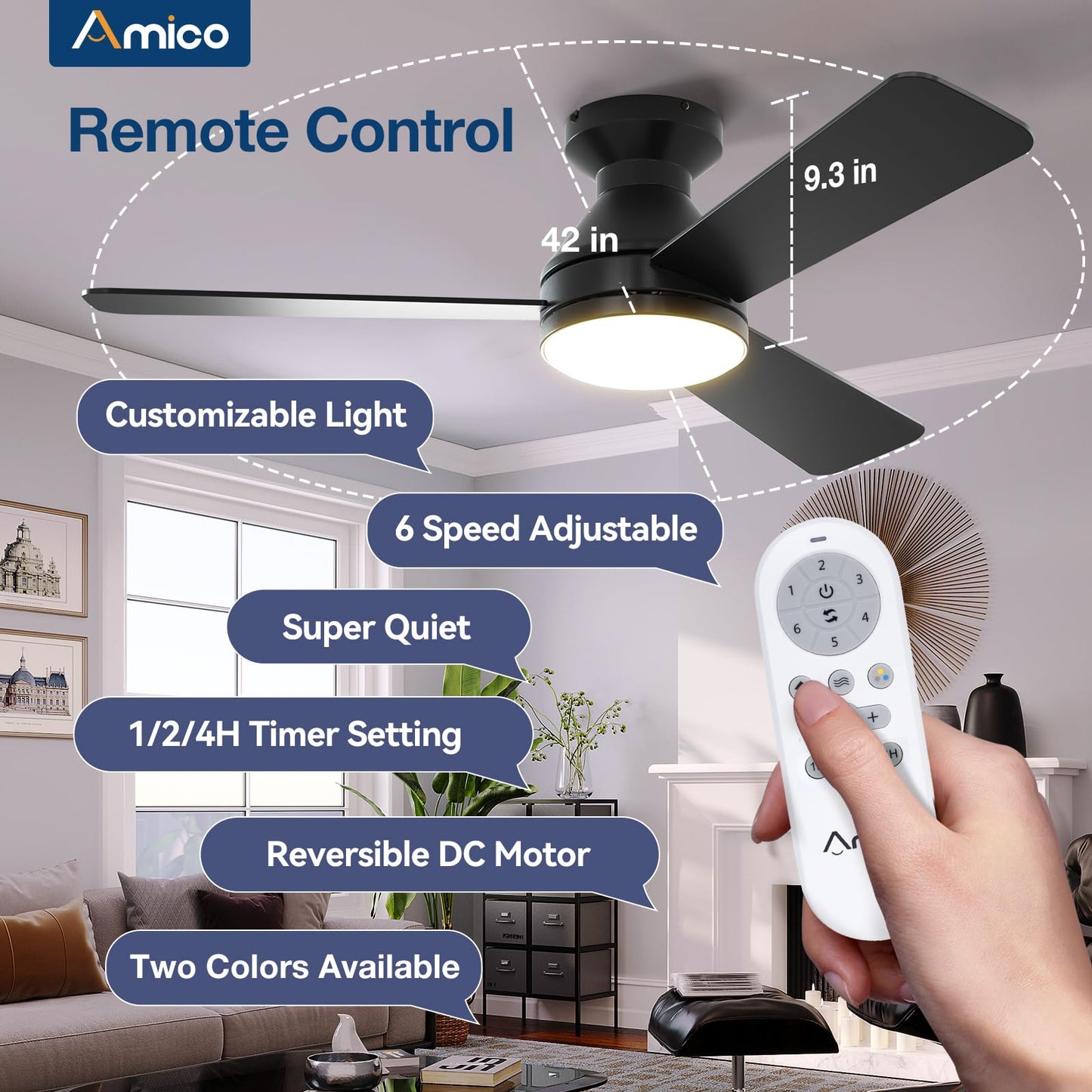 Amico Ceiling Fans with Lights, 42 inch Low Profile Ceiling Fan with Light and Remote Control, Flush Mount, Reversible, 3CCT, Dimmable, Noiseless, Black Ceiling Fan for Bedroom, Indoor/Outdoor Use