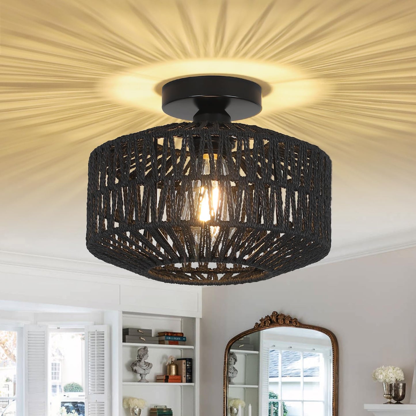 Light Fixtures Ceiling Mount,Mini Rattan Chandelier Light Fixture with Dimmable LED Bulb