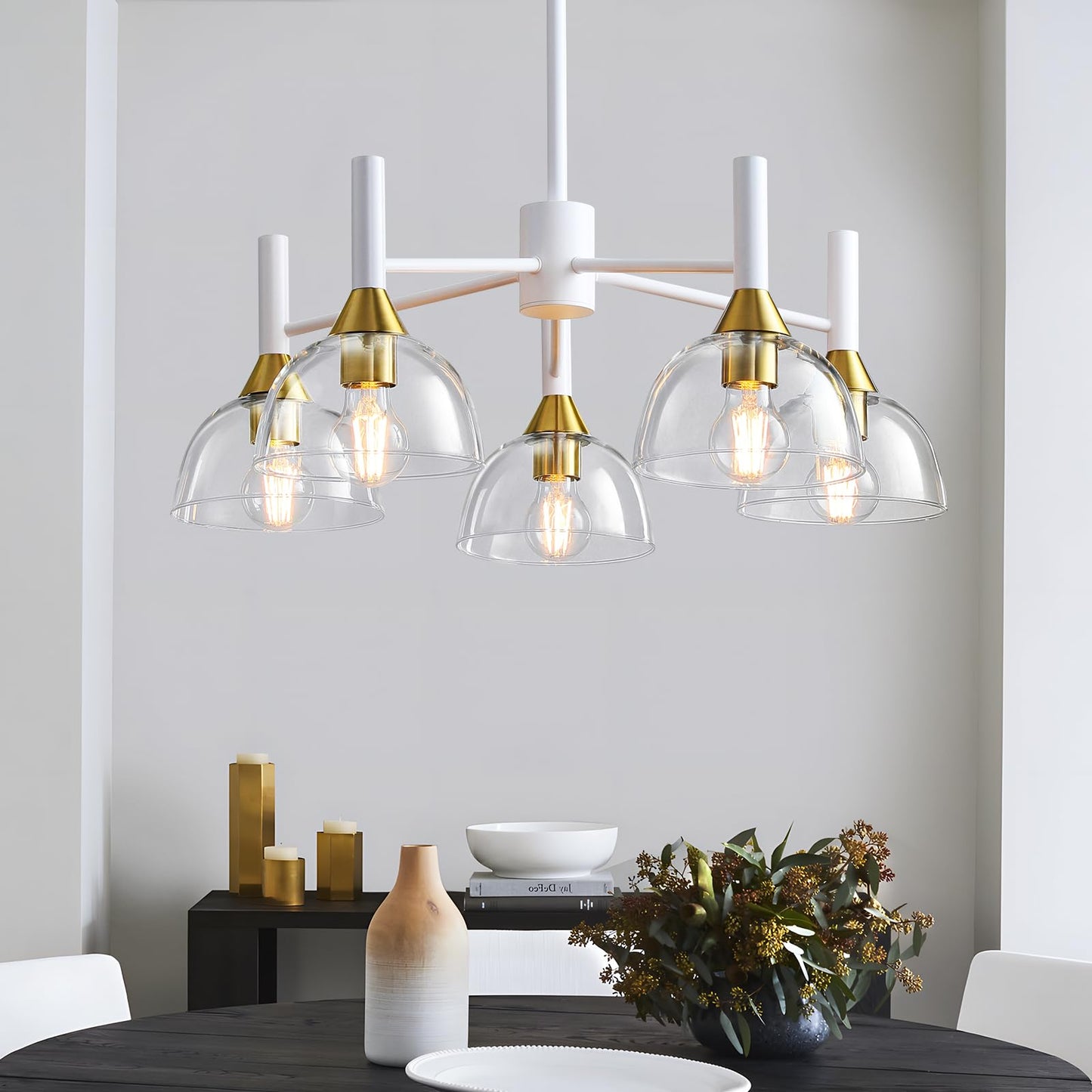 Dining Room Chandeliers Light - 5-Light White and Gold Modern Chandeliers Light Fixtures with Sturdy Clear Glass Lampshades, Height Adjustable Pendant Island Light for Living Room Farmhouse