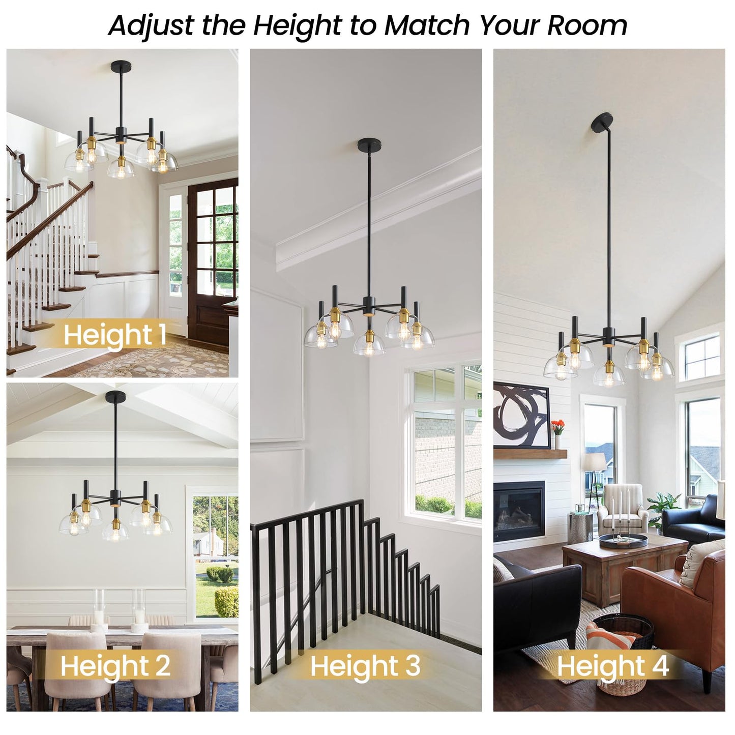 Dining Room Chandeliers Light - 3-Light Black Modern Chandelier with Thickened Glass Shade, Height Adjustable Mid Century Ceiling Lighting Fixture for Bedroom Kitchen Entryway Foyer